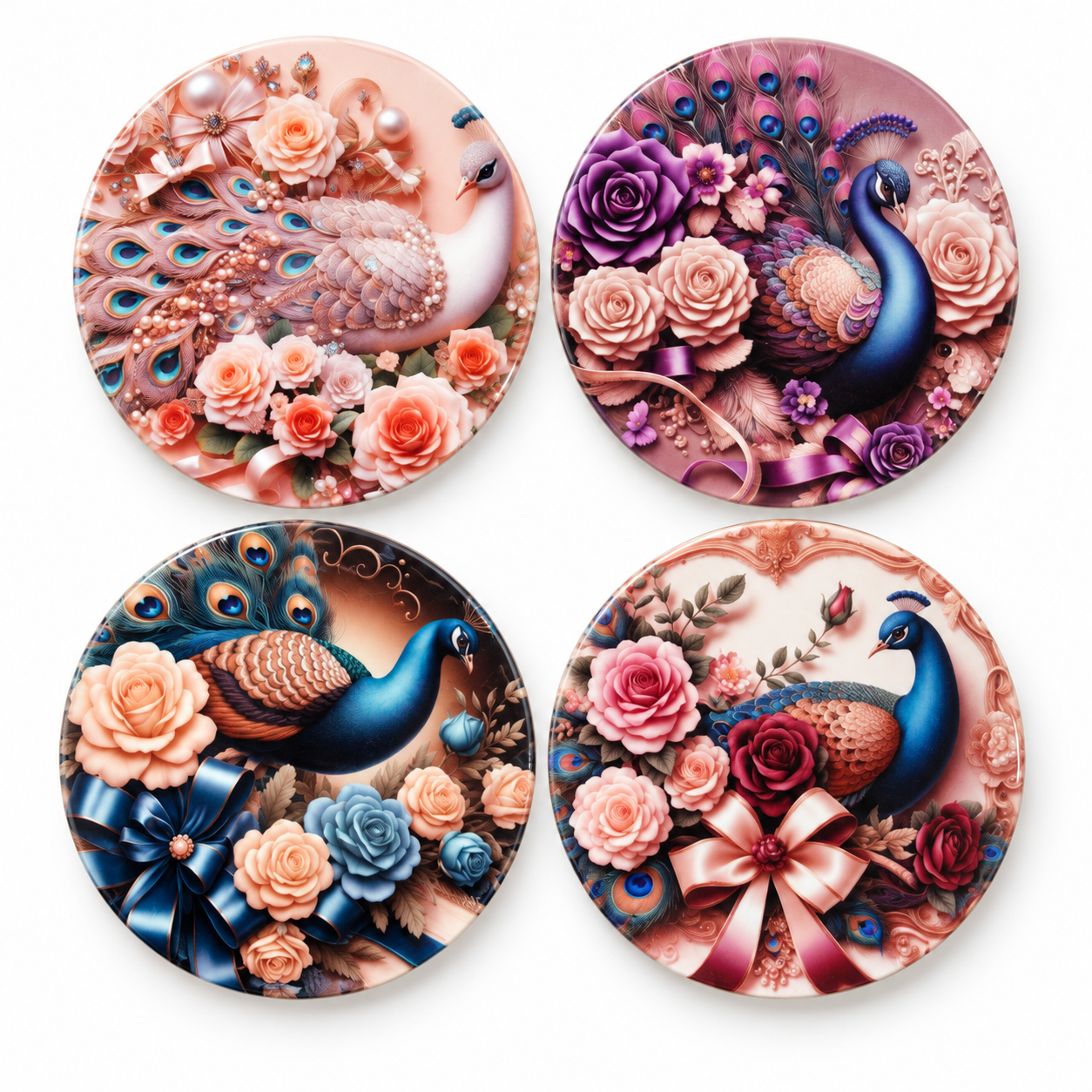 Four peacock floral ceramic coasters.png
