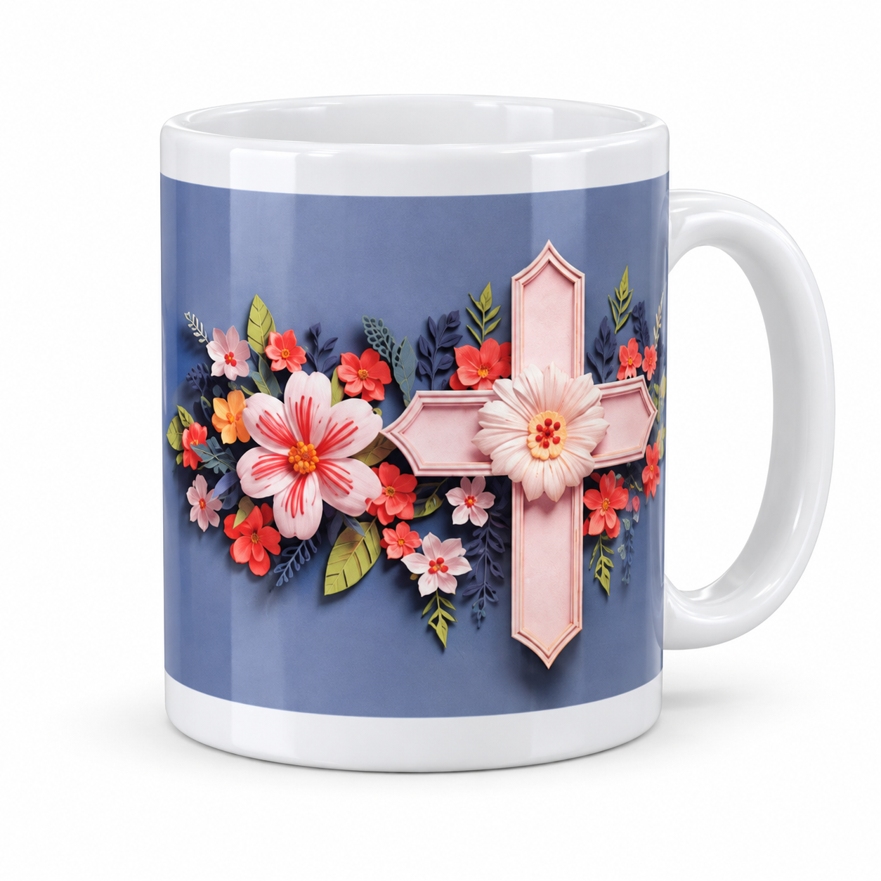Blue Floral Cross – 11 oz Coffee Mug