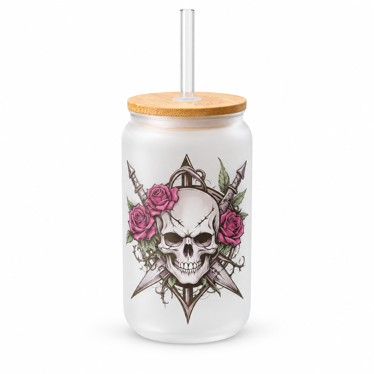 Skull & Roses – 16 oz Frosted Glass Can Tumbler