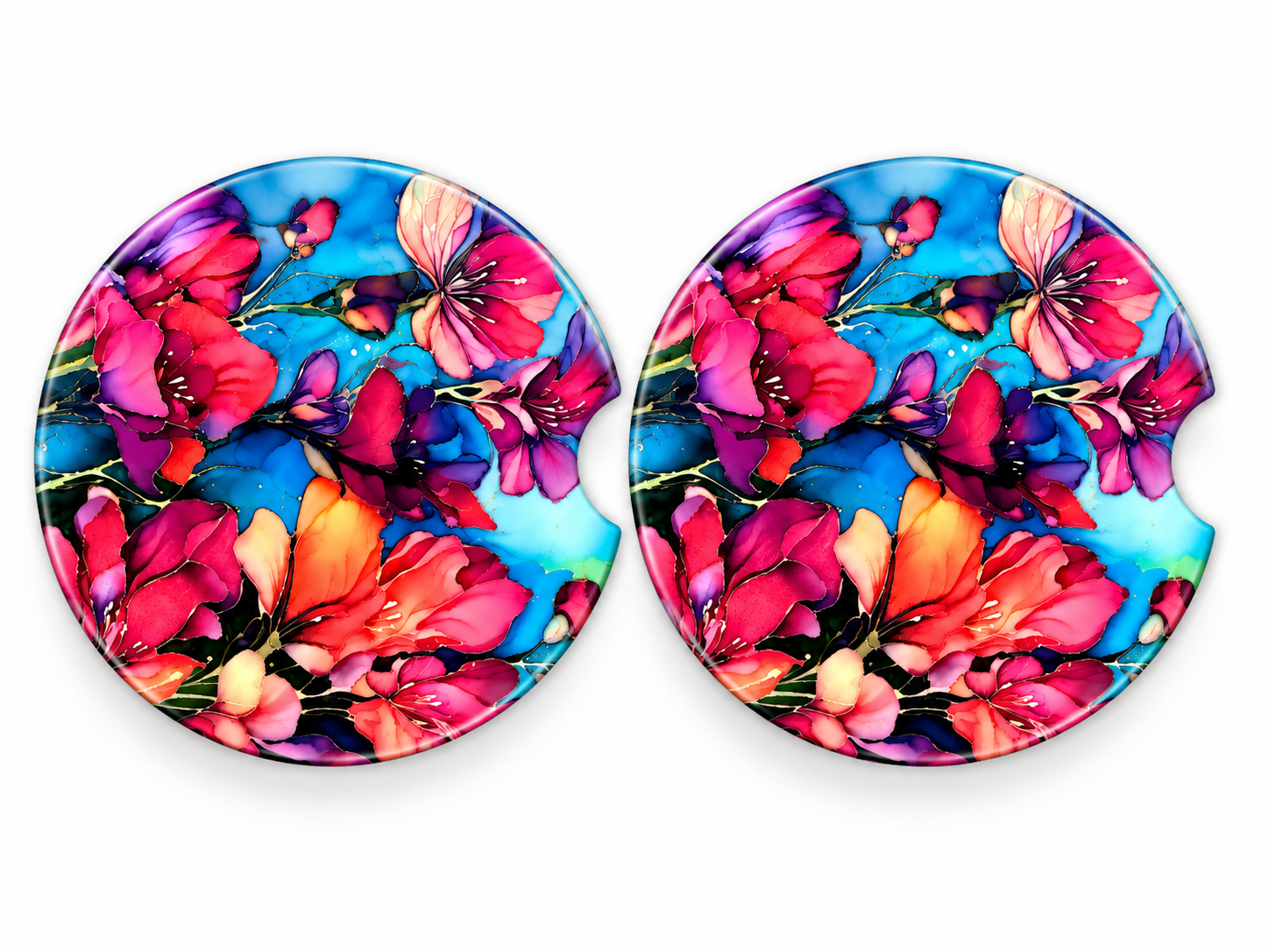 🌺 Vibrant Floral Ceramic Car Coasters – Set of 2