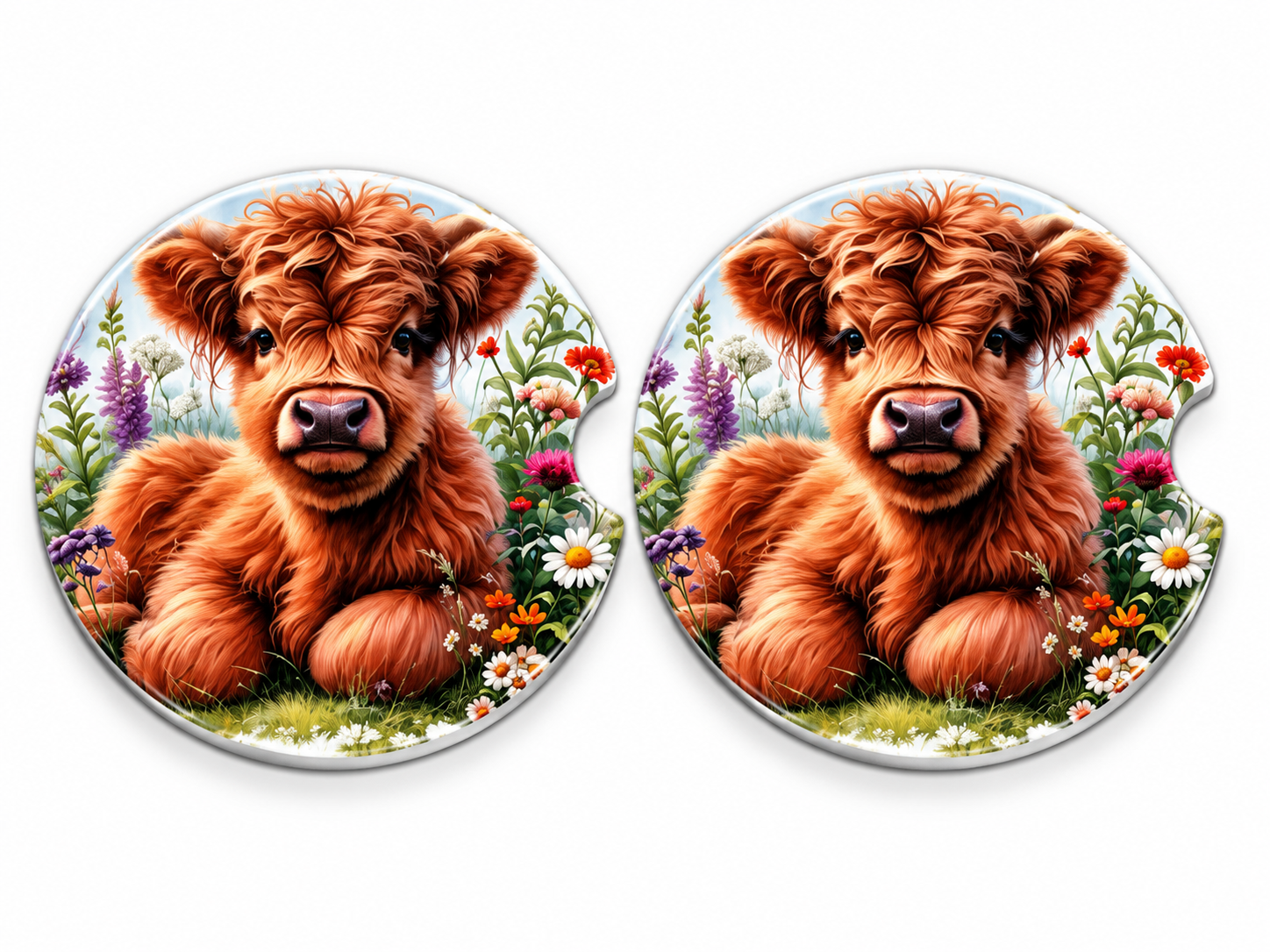 🐮 Highland Cow & Wildflowers Ceramic Car Coasters – Set of 2