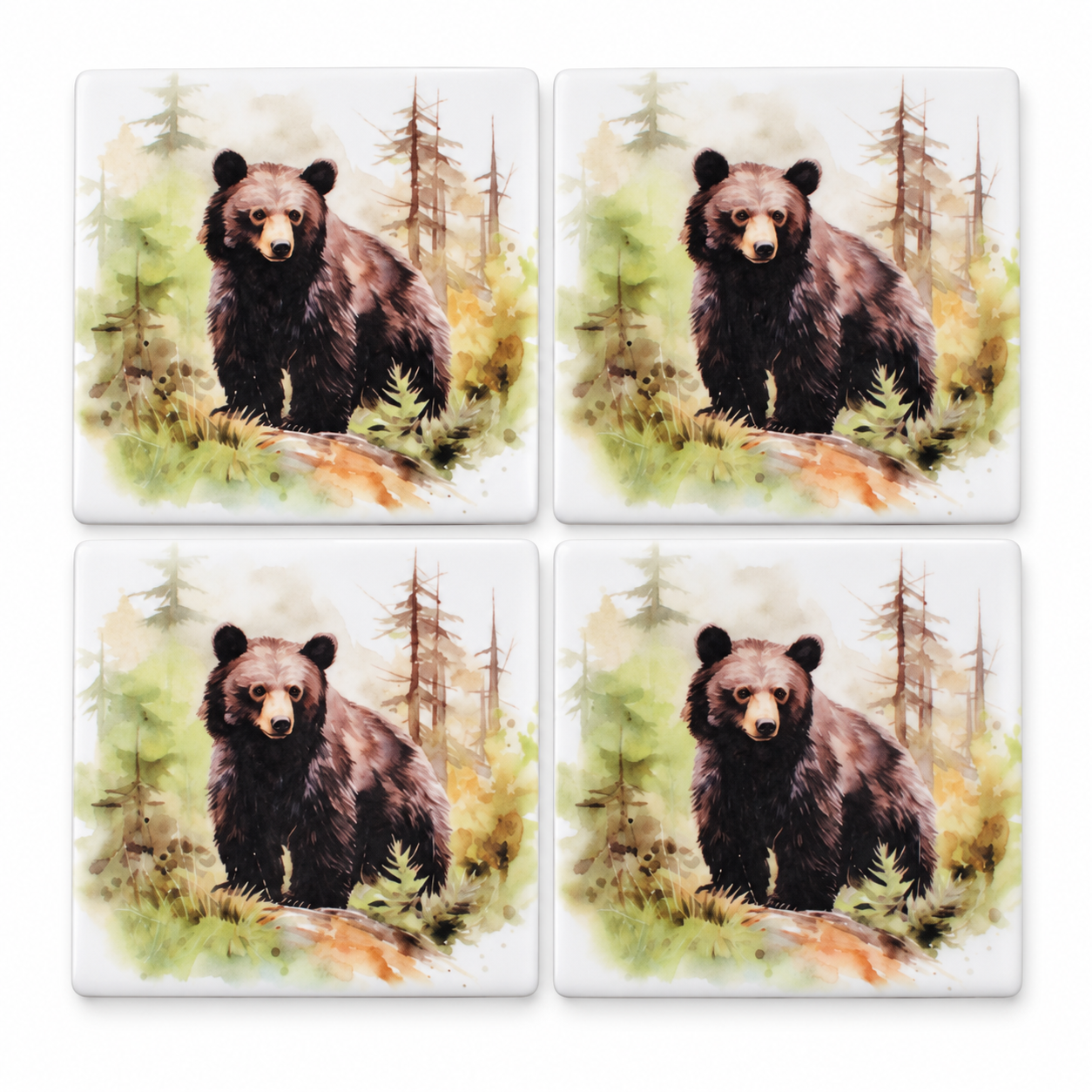 Four glossy bear woodland coasters.png