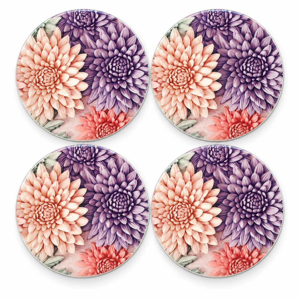Four matching floral ceramic coasters.png