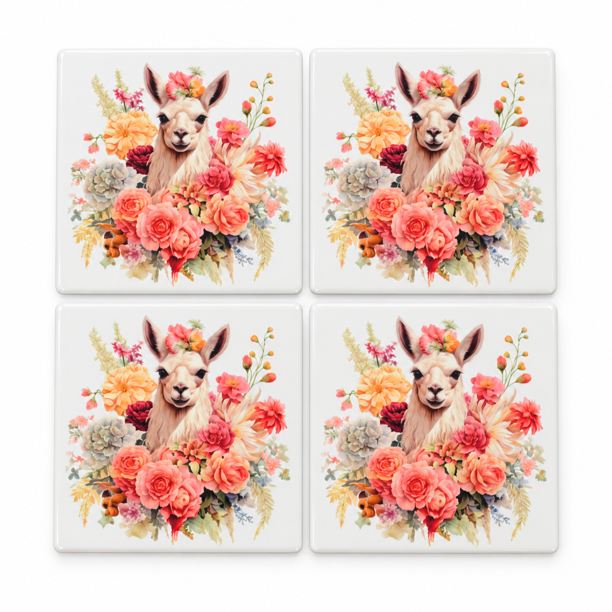Four floral llama ceramic coasters.png