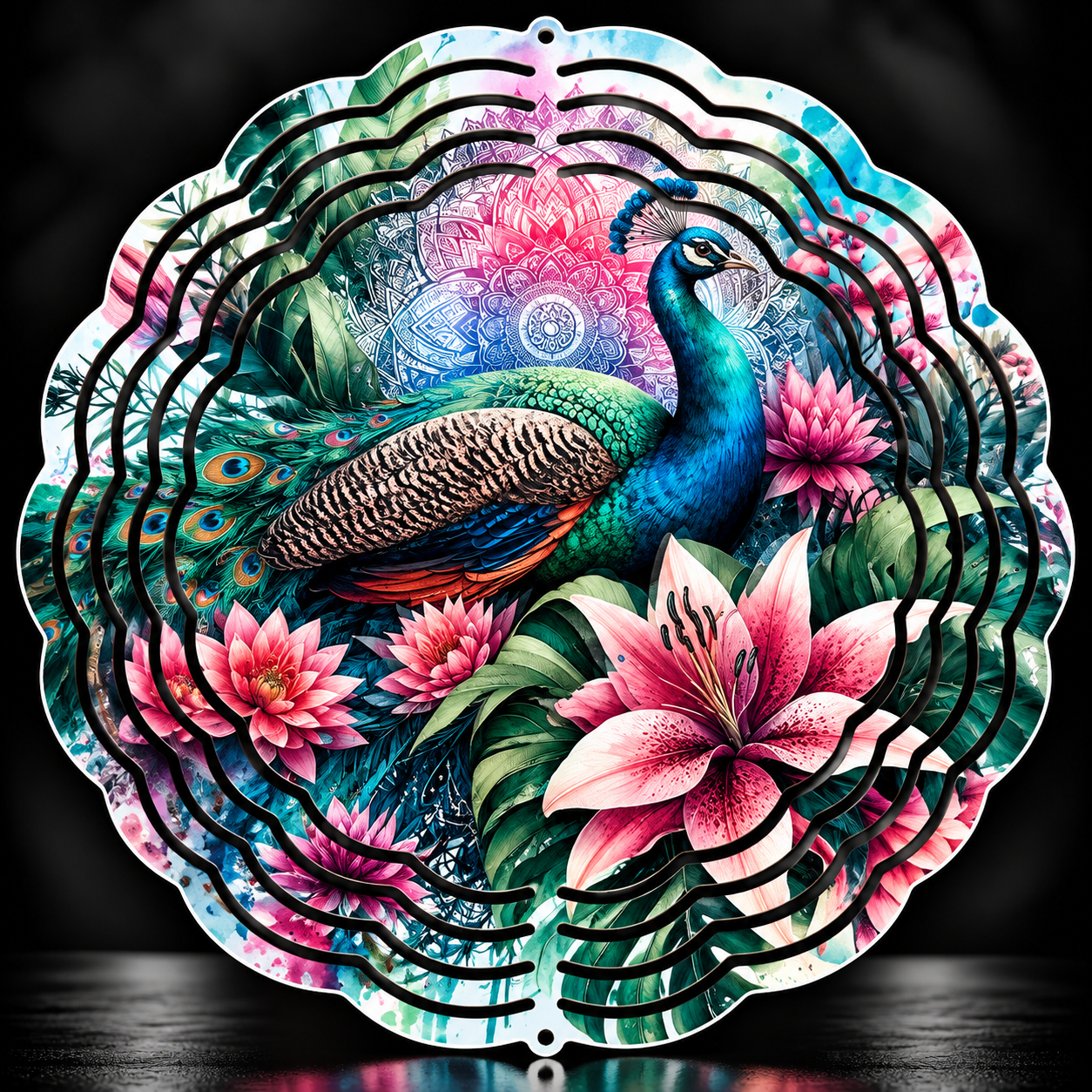Peacock & Tropical Blooms – 8” Wind Spinner