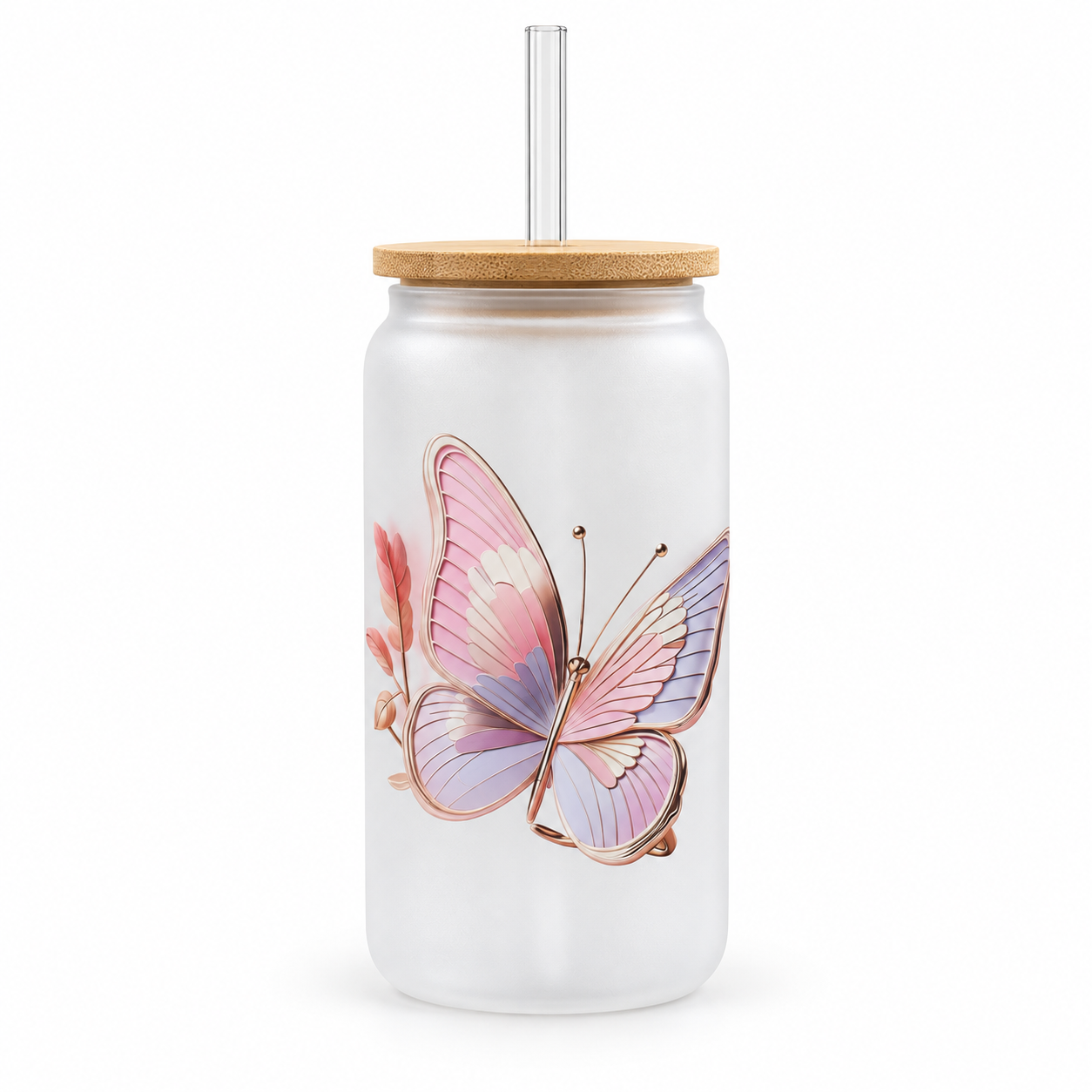 Pastel Butterfly – 16 oz Frosted Glass Can Tumbler