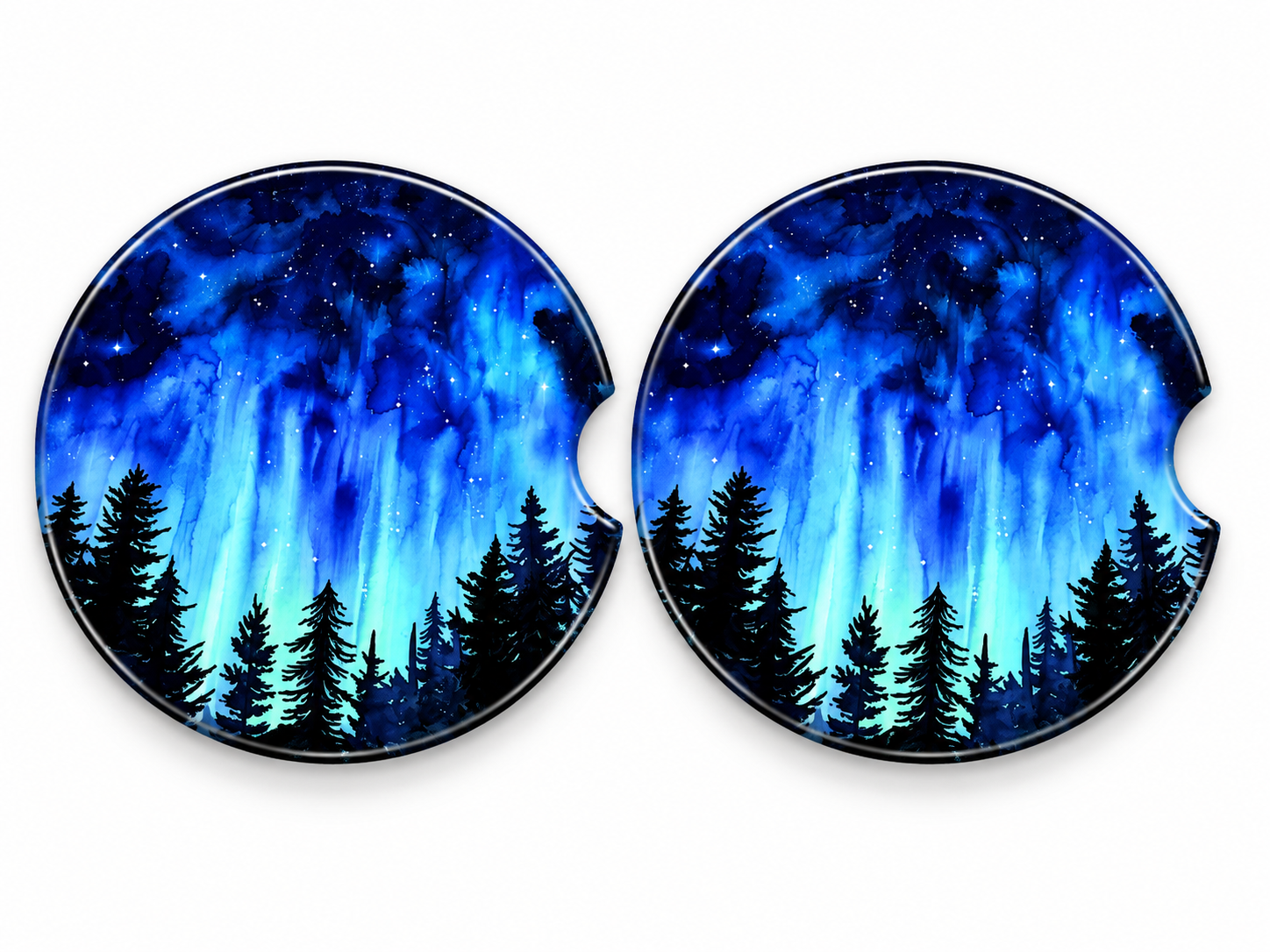 🌌 Northern Lights & Pine Forest Ceramic Car Coasters – Set of 2