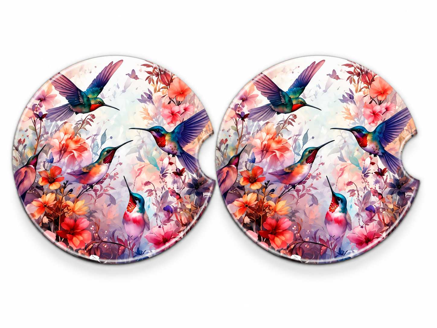 🌸 Hummingbird & Floral Ceramic Car Coasters – Set of 2