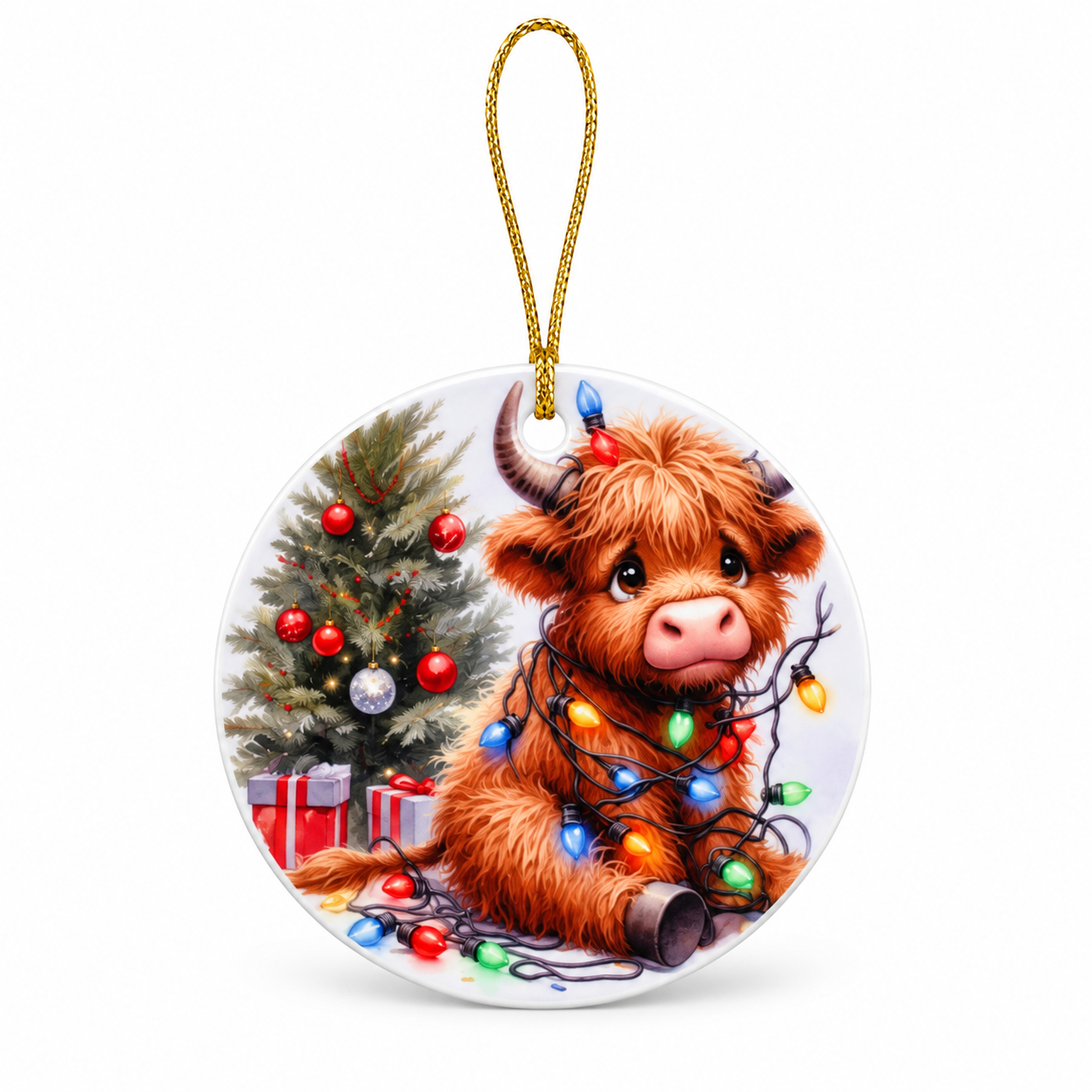 Tangled in Christmas Lights Highland Cow – 3-Inch Ornament