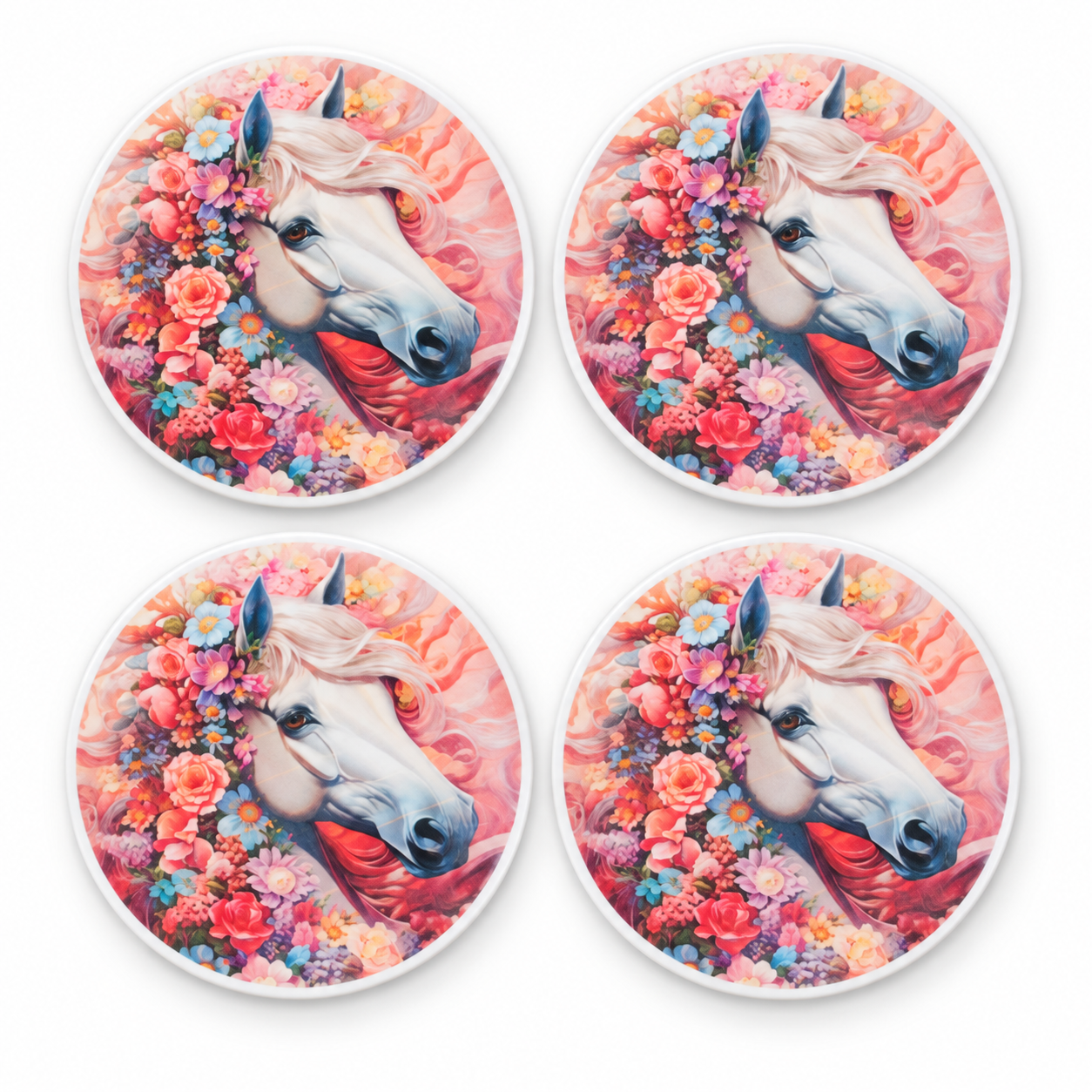 Four floral horse ceramic coasters.png
