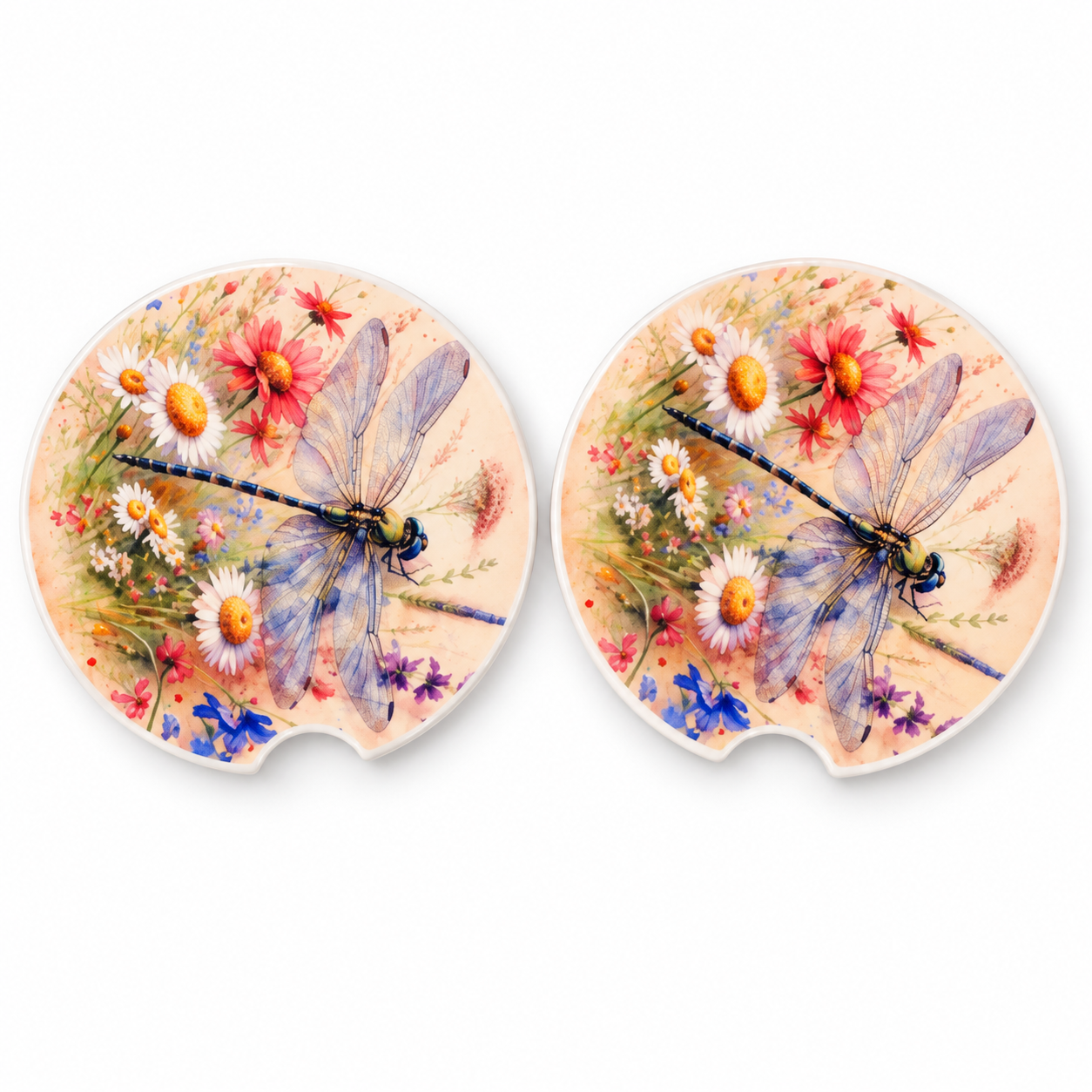 Pair of dragonfly and wildflower car coasters.png
