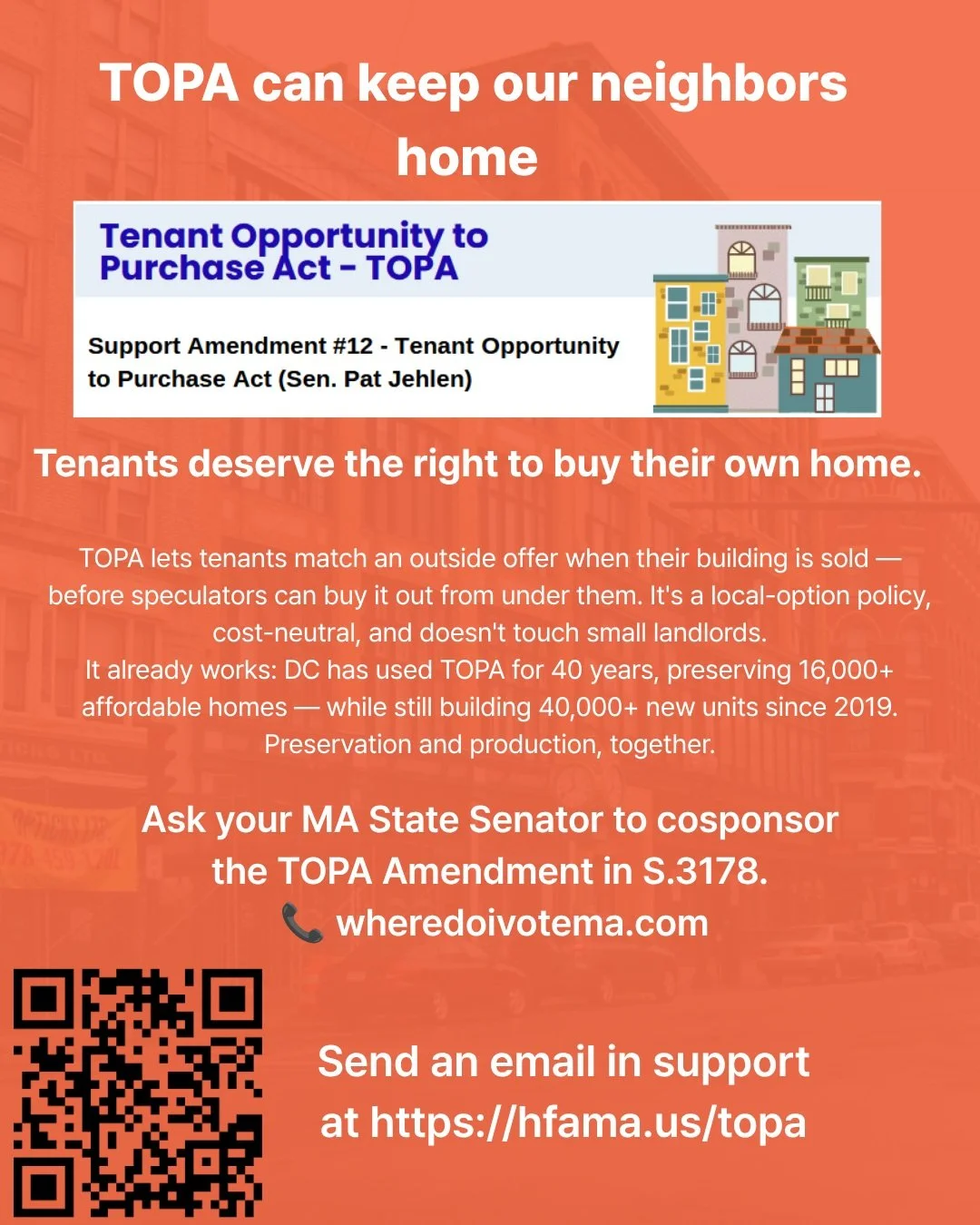 Tenants deserve the right to buy their own homes before speculators swoop in. That's what TOPA does &mdash; gives tenants in multi-family buildings the chance to match an outside offer when their building goes up for sale. It's already helped preserv