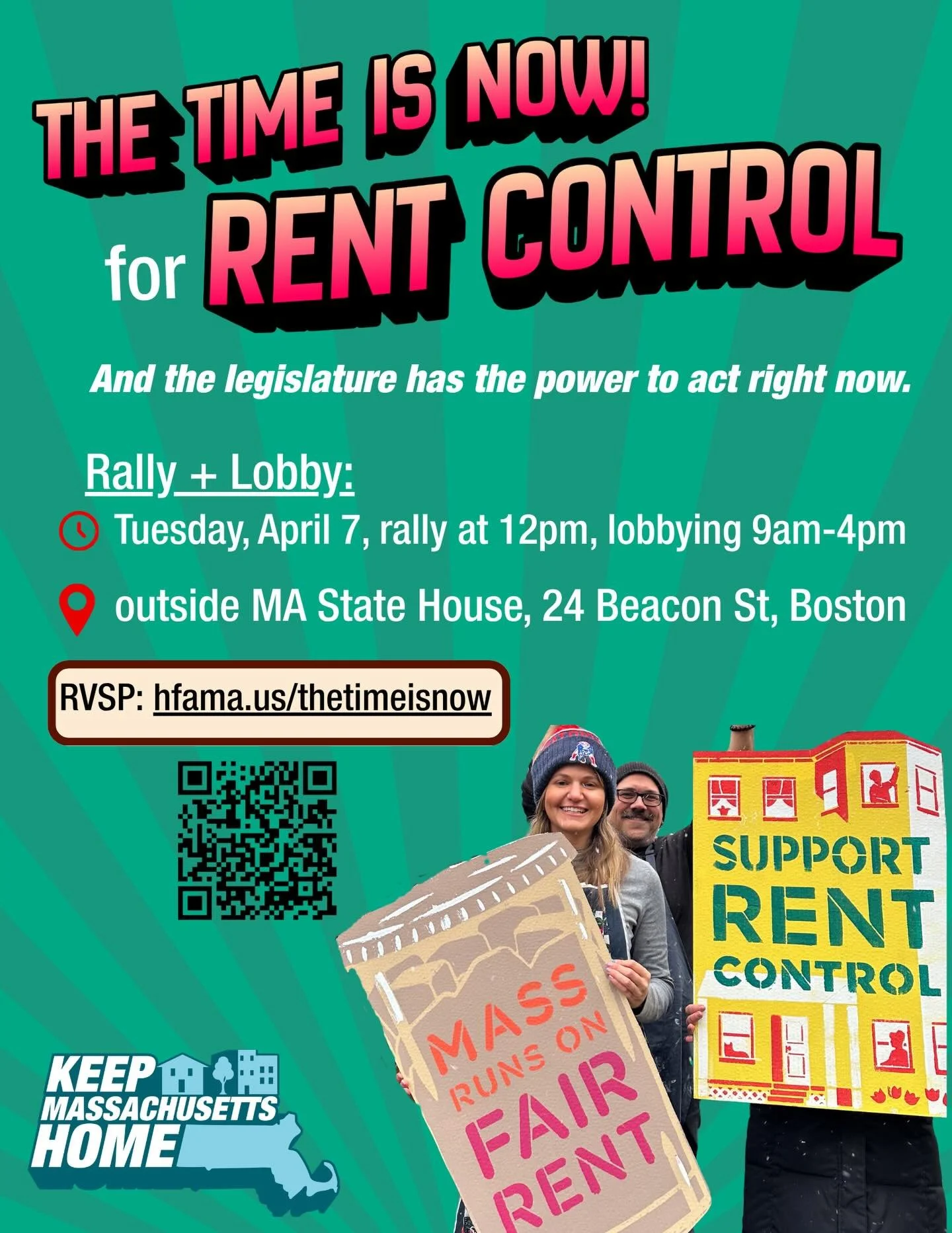 Come join us today at noon !! The time is now.
Across Massachusetts, neighbors are facing rising rents and housing instability while legislators have the power to act  and haven&rsquo;t yet.
We&rsquo;re coming together as renters, workers, families, 