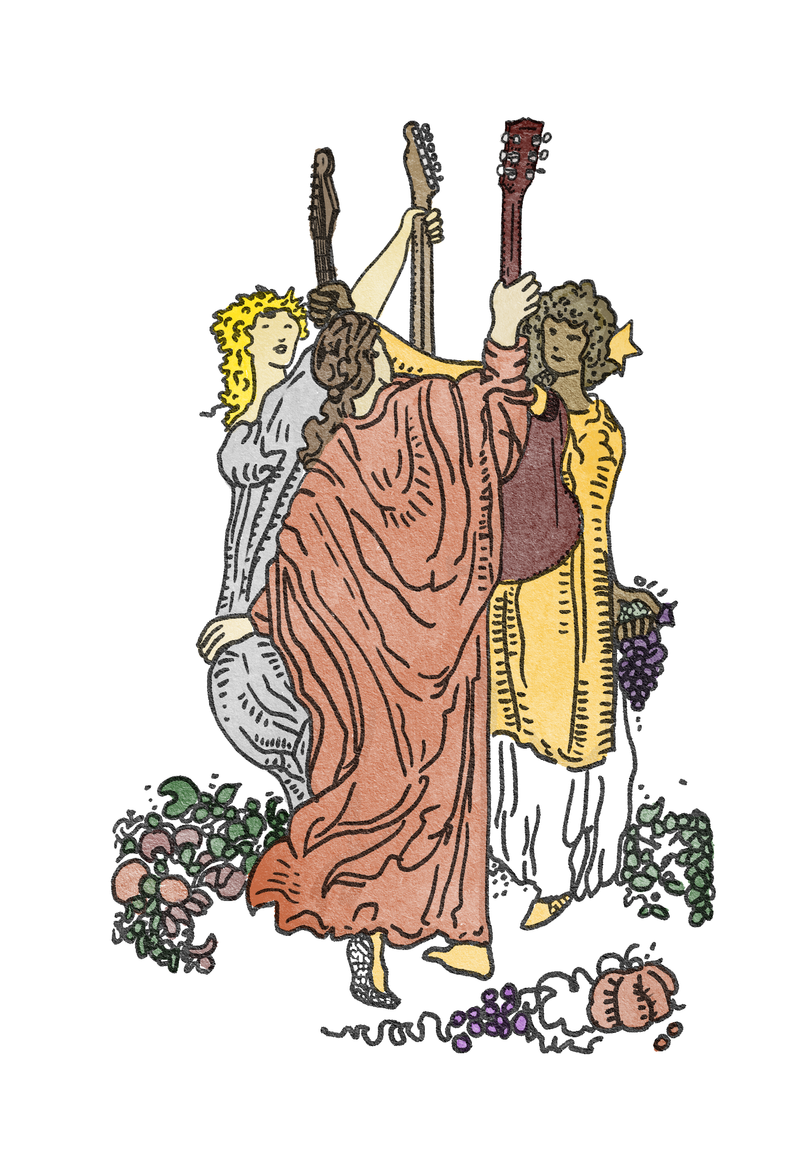 Hand-drawn illustration of three musicians holding guitars, surrounded by plants and fruit.