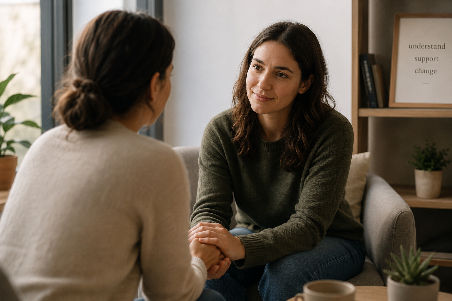 wo women having a supportive conversation about addiction recovery.