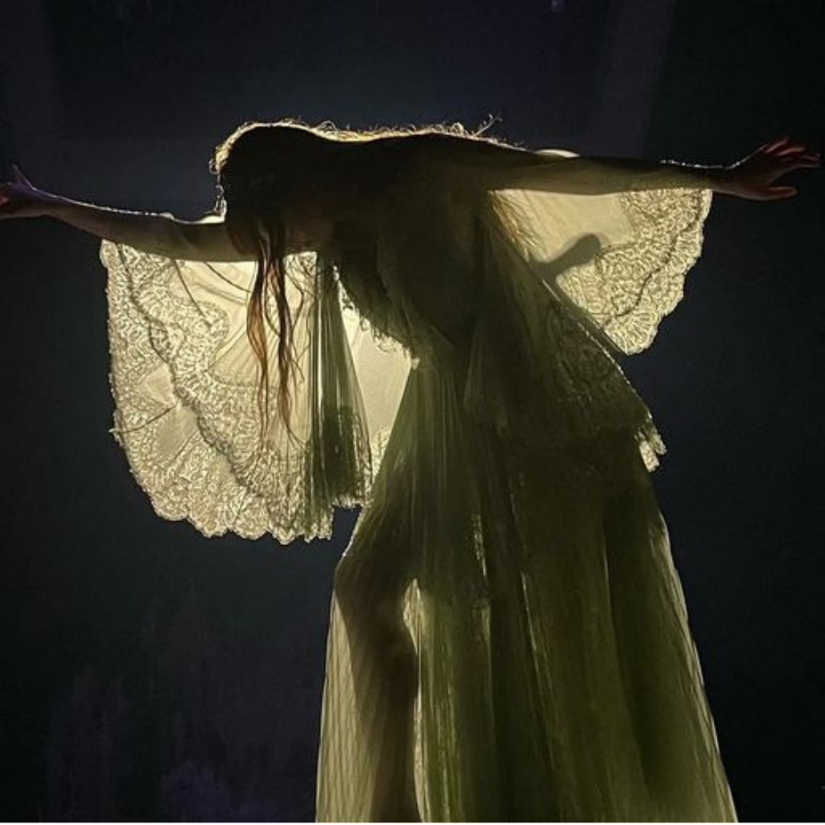 A silhouette of a woman wearing a long, flowing dress with lace details, dance pose, backlit, dark background.