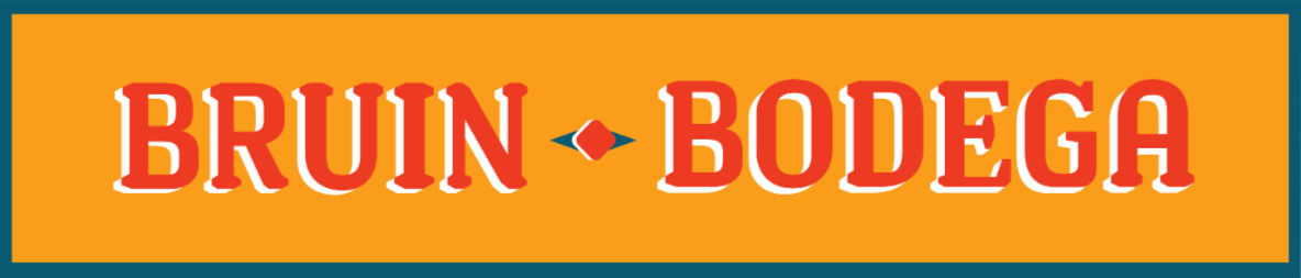 Logo displaying the words 'BRUIN BODEGA' in bold, orange and white text on an orange background with a decorative diamond shape in between.