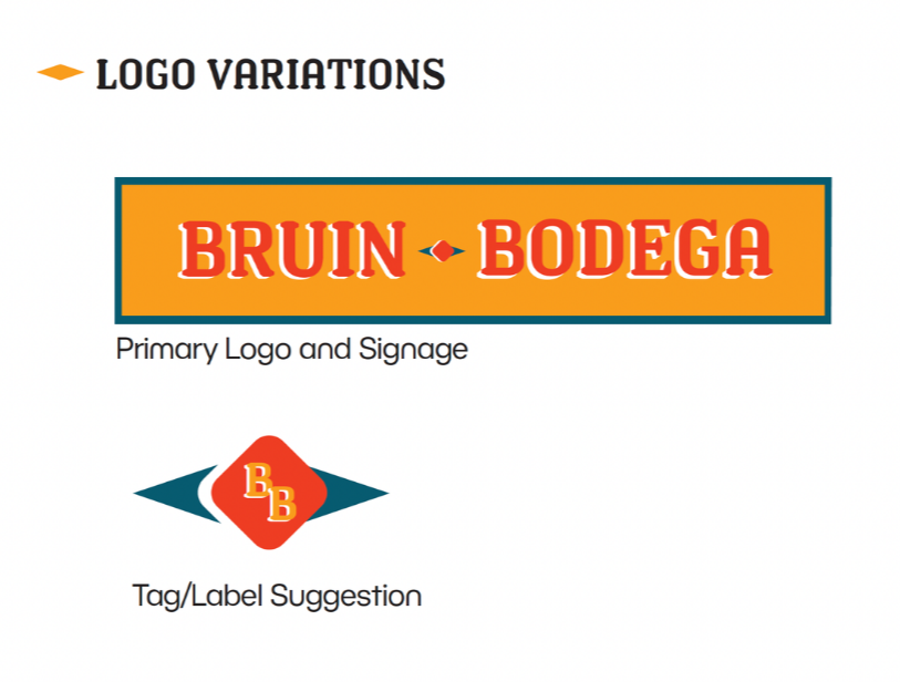 Page showing logo variations for 'Bruin Bodega'. The primary logo features the text 'BRUIN BODEGA' in red with white and orange shadows, inside a yellow rectangle outlined in dark green. A suggested tag/label logo shows the initials 'B B' in yellow on a red diamond shape with dark green accents.