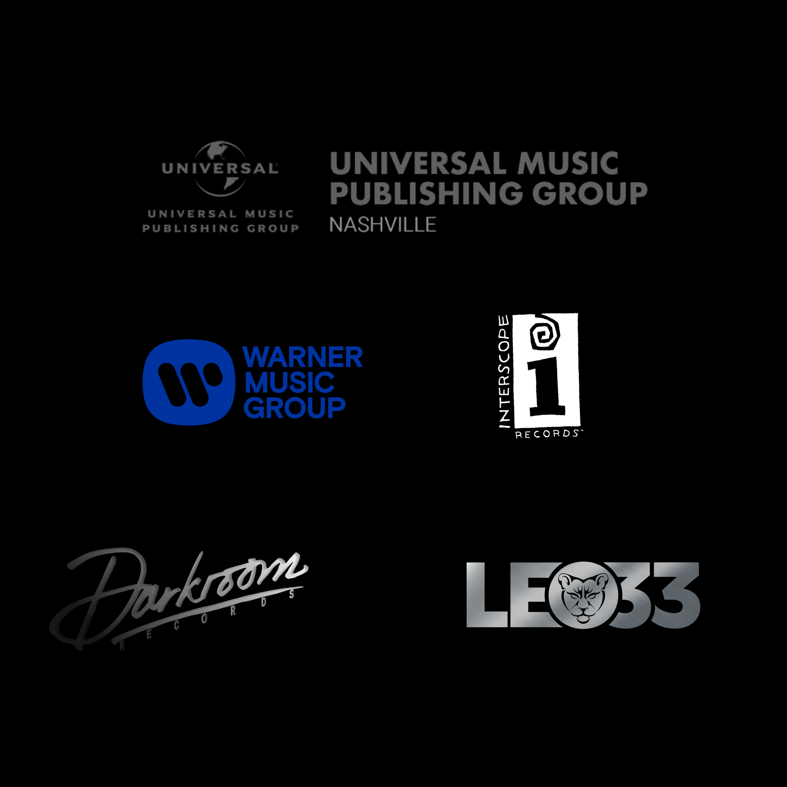 Black background with logos of entertainment companies, including Universal Music Publishing Group, Warner Music Group, Universal Music Nashville, and Interscope Records.
