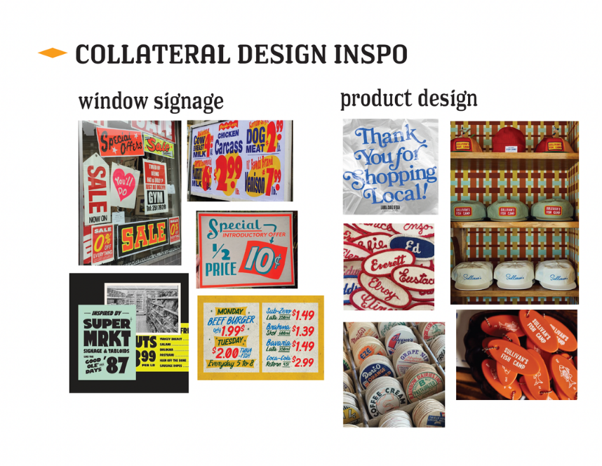 A collection of signage and product design examples, including window signs advertising sales and special offers, and product packaging for food and promotional items.