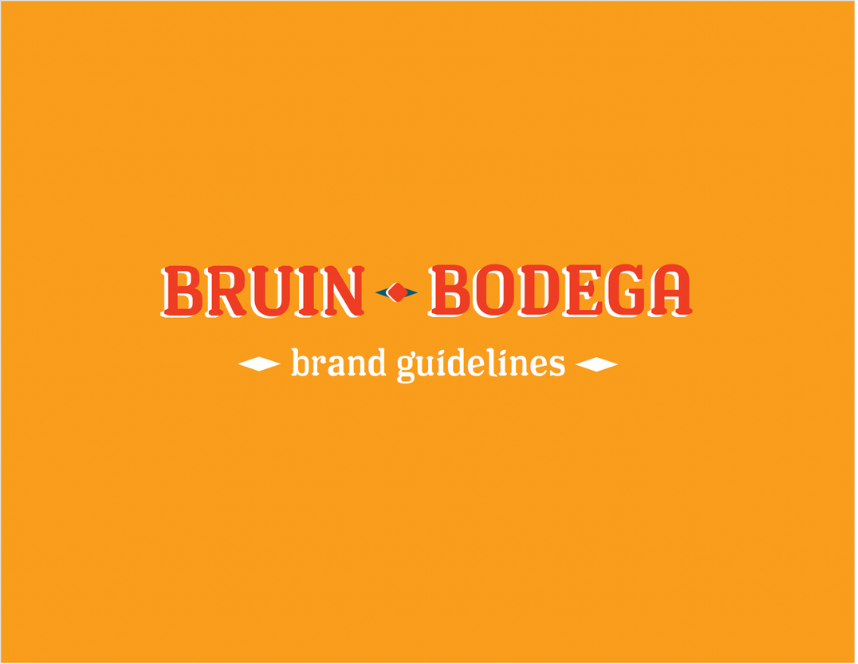 Orange background with the text 'BRUIN BODEGA' in red and white font, and 'brand guidelines' underneath in white, surrounded by small white diamond shapes.