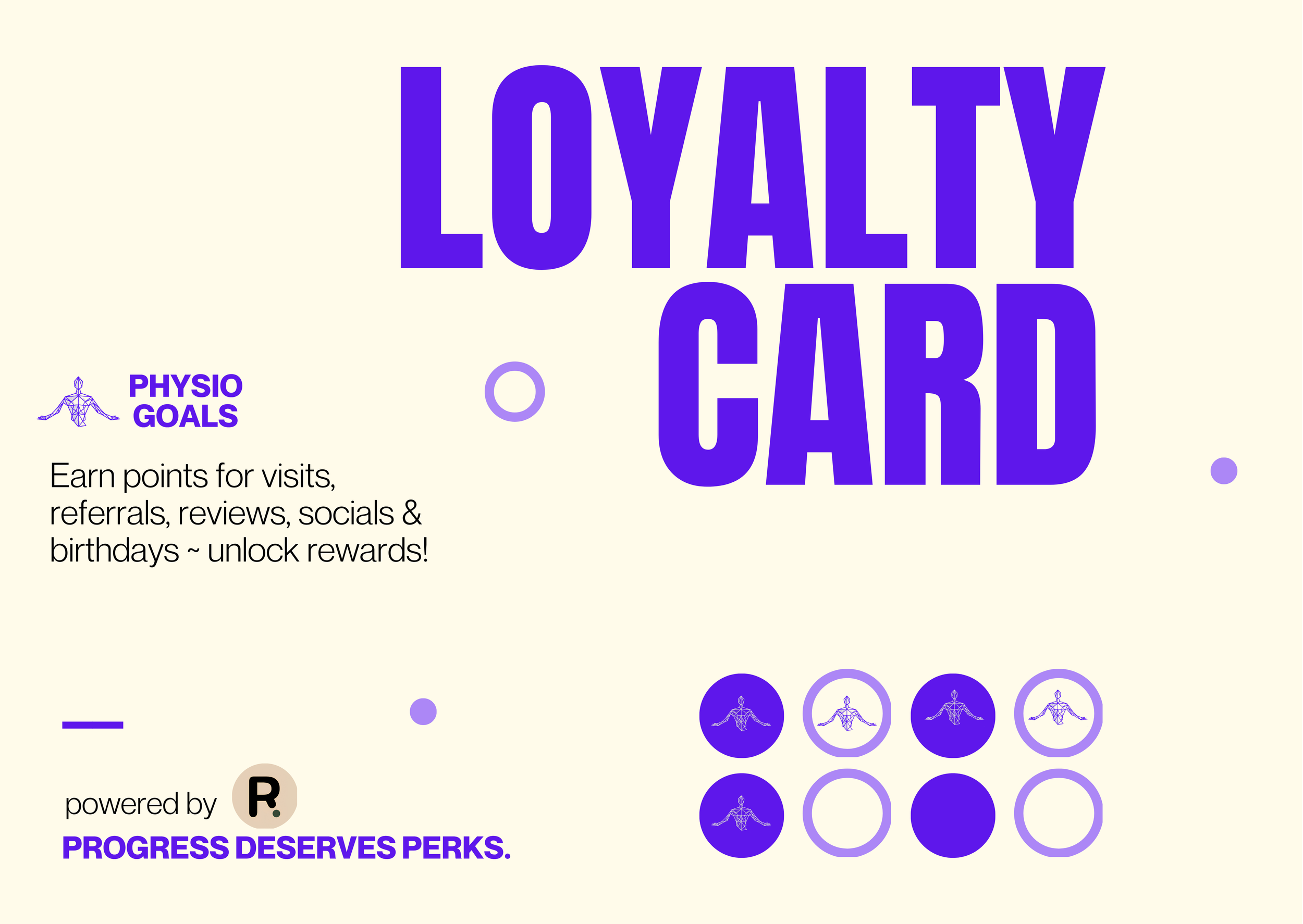 Text on a webpage that says 'LOYALTY CARD' in large purple letters, with smaller sections about earning points for visits, referrals, reviews, socials, and birthdays, and rewards, and symbols of a human figure with outstretched arms and a logo for Progress deserves perks.