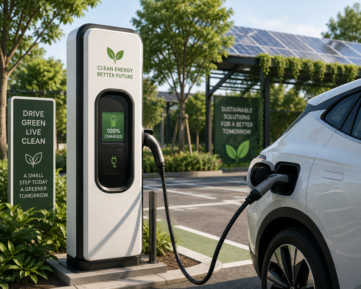 An electric vehicle being charged at a charging station with solar panels and greenery in the background.