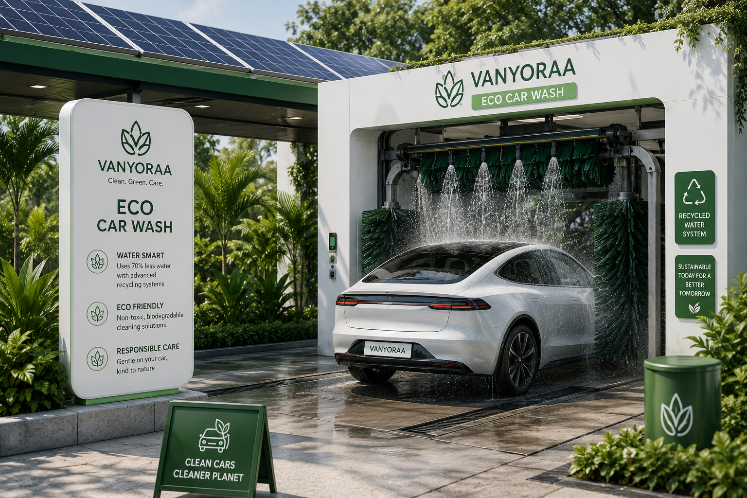 A white electric car parked at an eco-friendly car wash station with solar panels overhead. Signage indicates the car wash uses recycled water and eco-friendly solutions.
