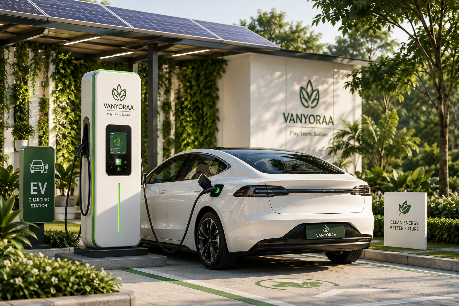 An electric vehicle being charged at a VANYORAA EV charging station outdoors, surrounded by greenery.