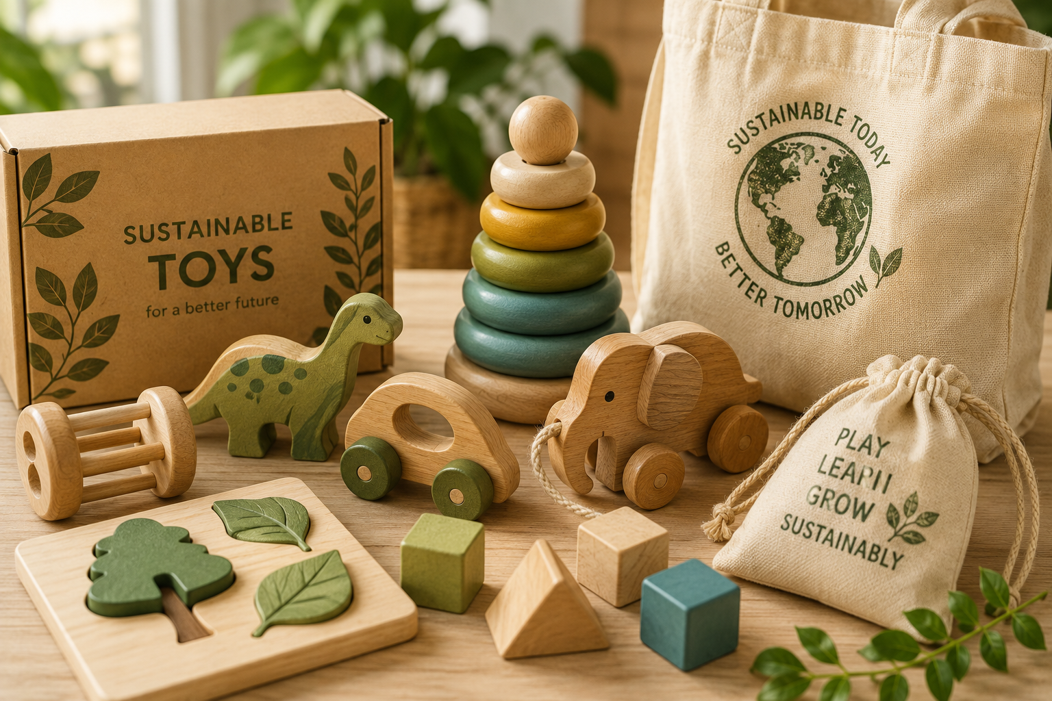Eco-friendly wooden toys including a stack of colorful ring stacks, animal figures, blocks, and a toy car, with sustainable packaging that features a globe and leaves, emphasizing environmental sustainability.