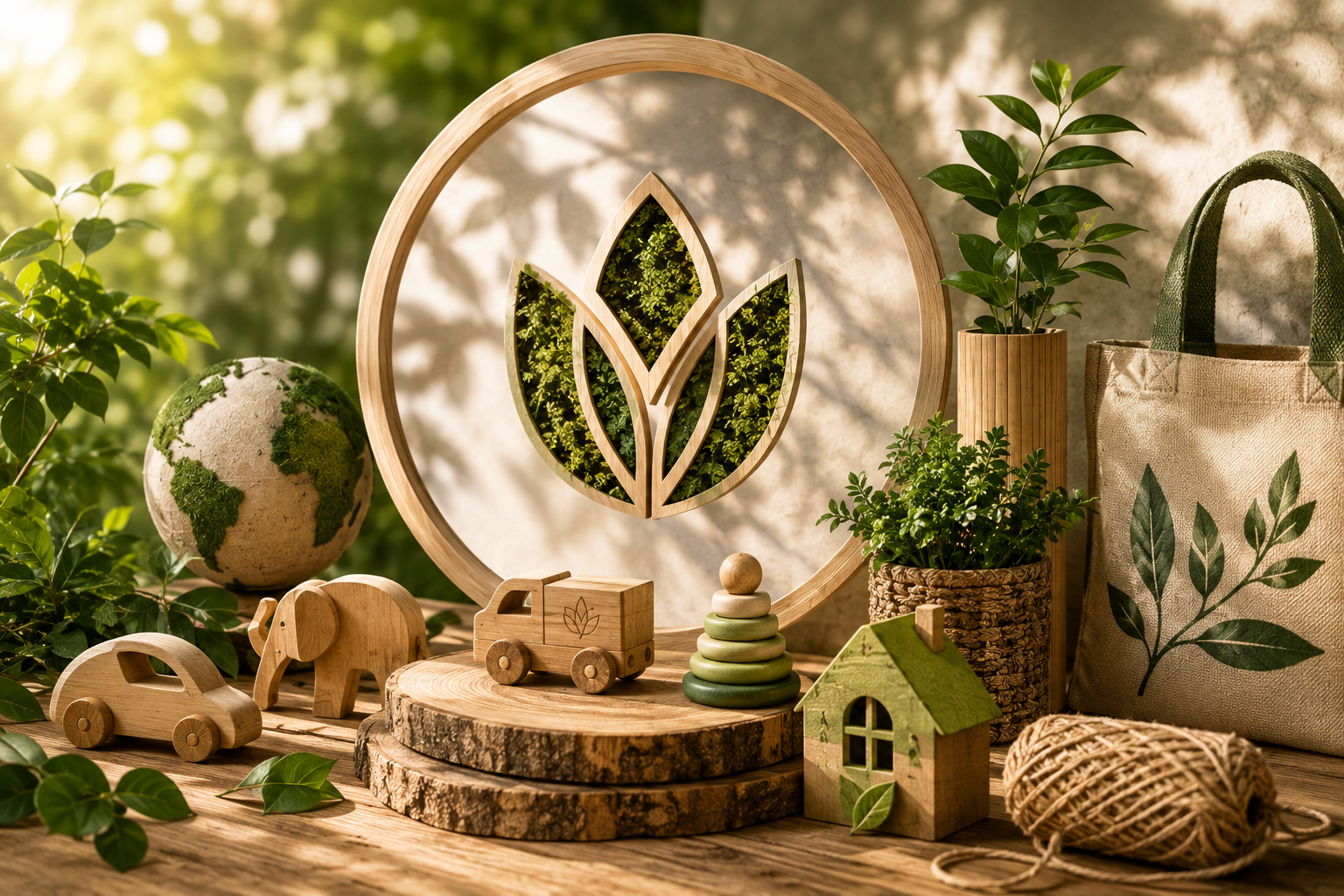 Eco-friendly decor with wooden toys, small house, plants, globe, and art piece with leaf design on a wooden table.
