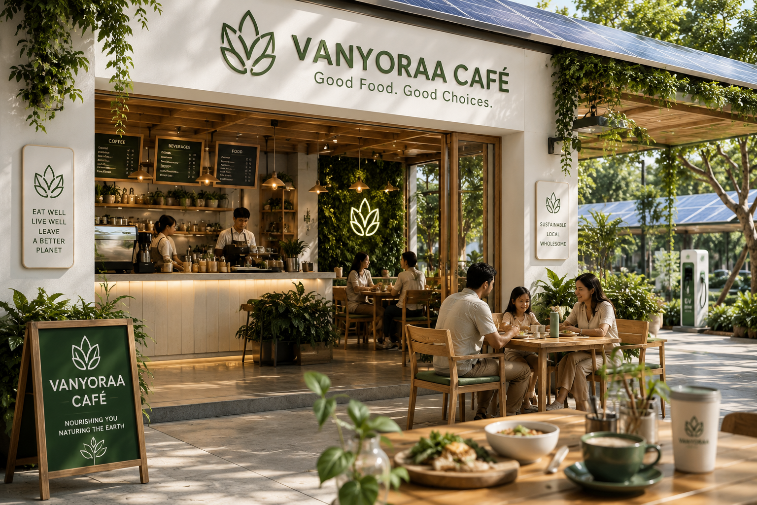 Outdoor scene at Vanyoraa Café with customers dining, coffee bar, green plants, solar panels on roof, and signs promoting sustainability.