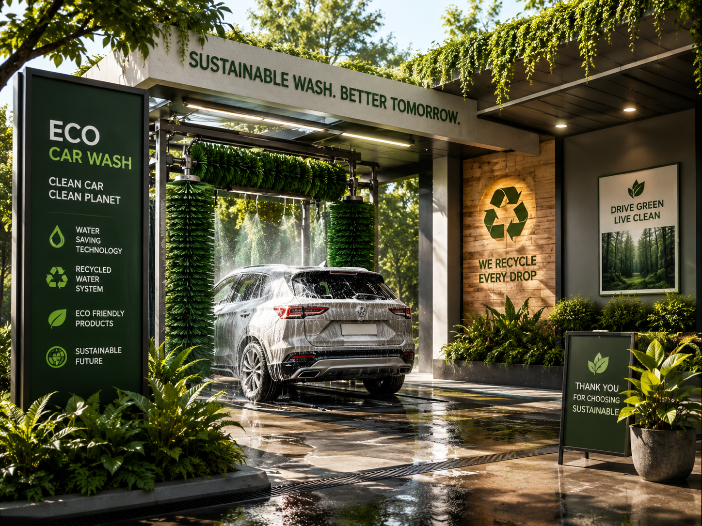 An electric vehicle in an eco-friendly car wash station surrounded by greenery with signs promoting sustainability and recycling.