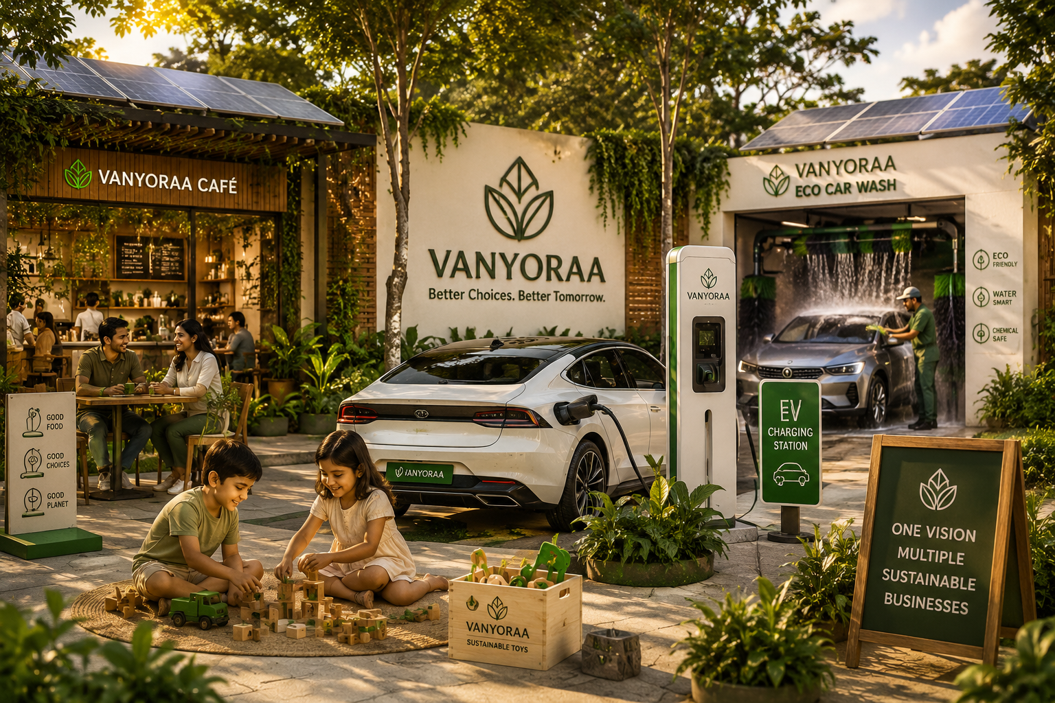 An outdoor scene featuring an electric vehicle charging station, a white EV car being charged, and a car wash in the background with people cleaning a car. There are children playing with toys on a mat, a café to the left, and various signs promoting sustainability.
