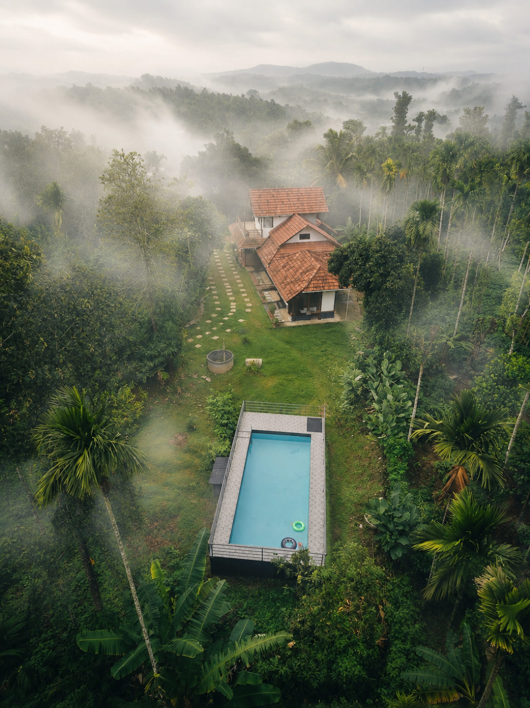 A house with a red-tiled roof is surrounded by dense green trees and mist, with a swimming pool in the foreground.
