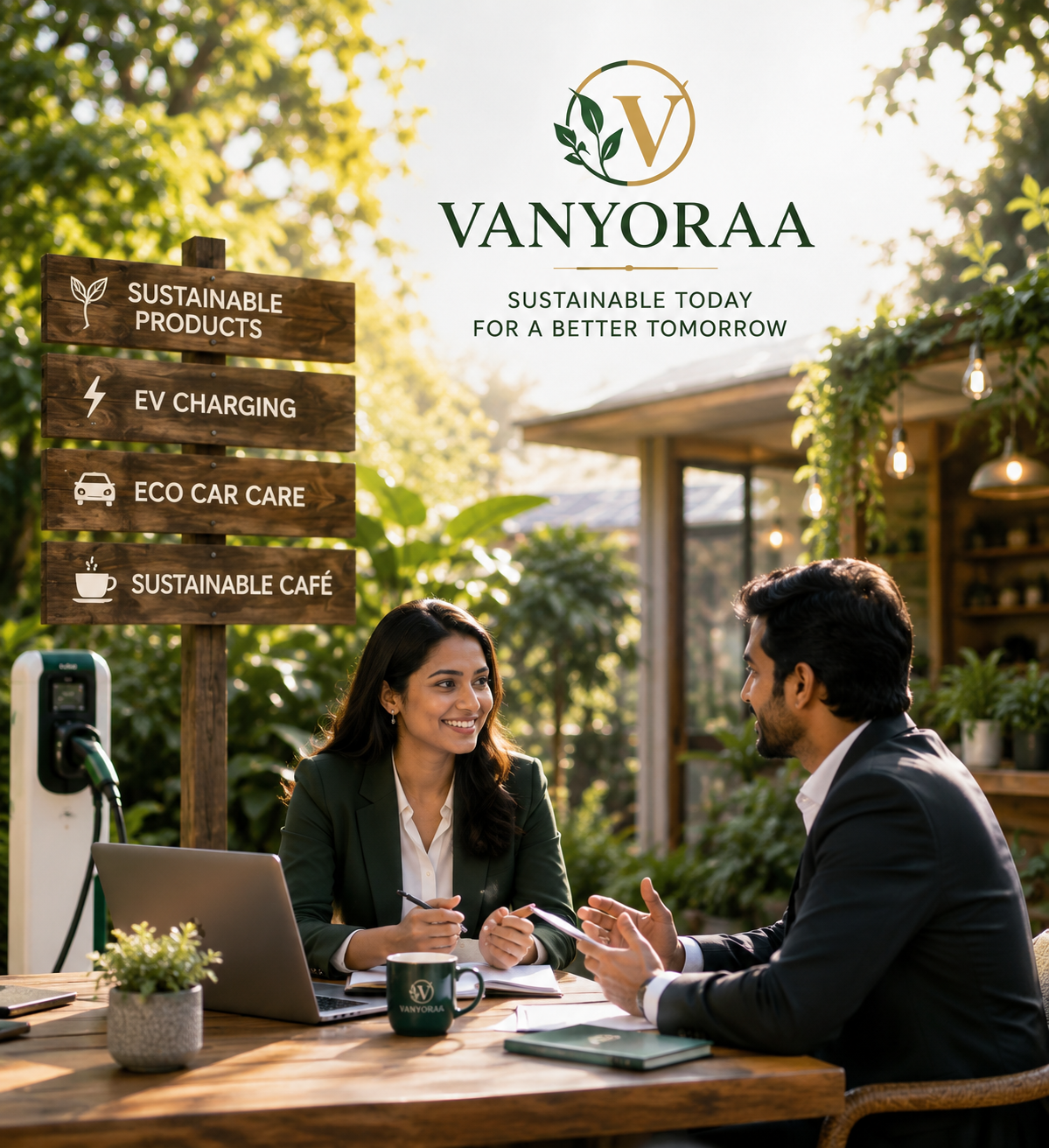 Two people in business attire having a discussion at a wooden table outdoors at sunset. A sign behind them lists sustainable products, EV charging, eco car care, and sustainable café options. The scene is in a garden or patio setting with greenery and string lights.