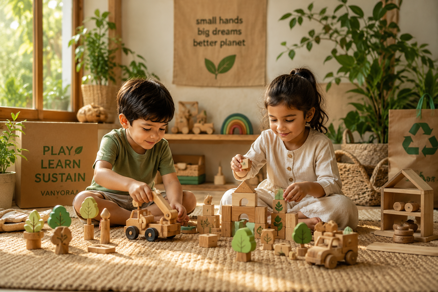 Two children playing with wooden toys and blocks in a natural, eco-friendly environment, with plants and eco-themed decor.