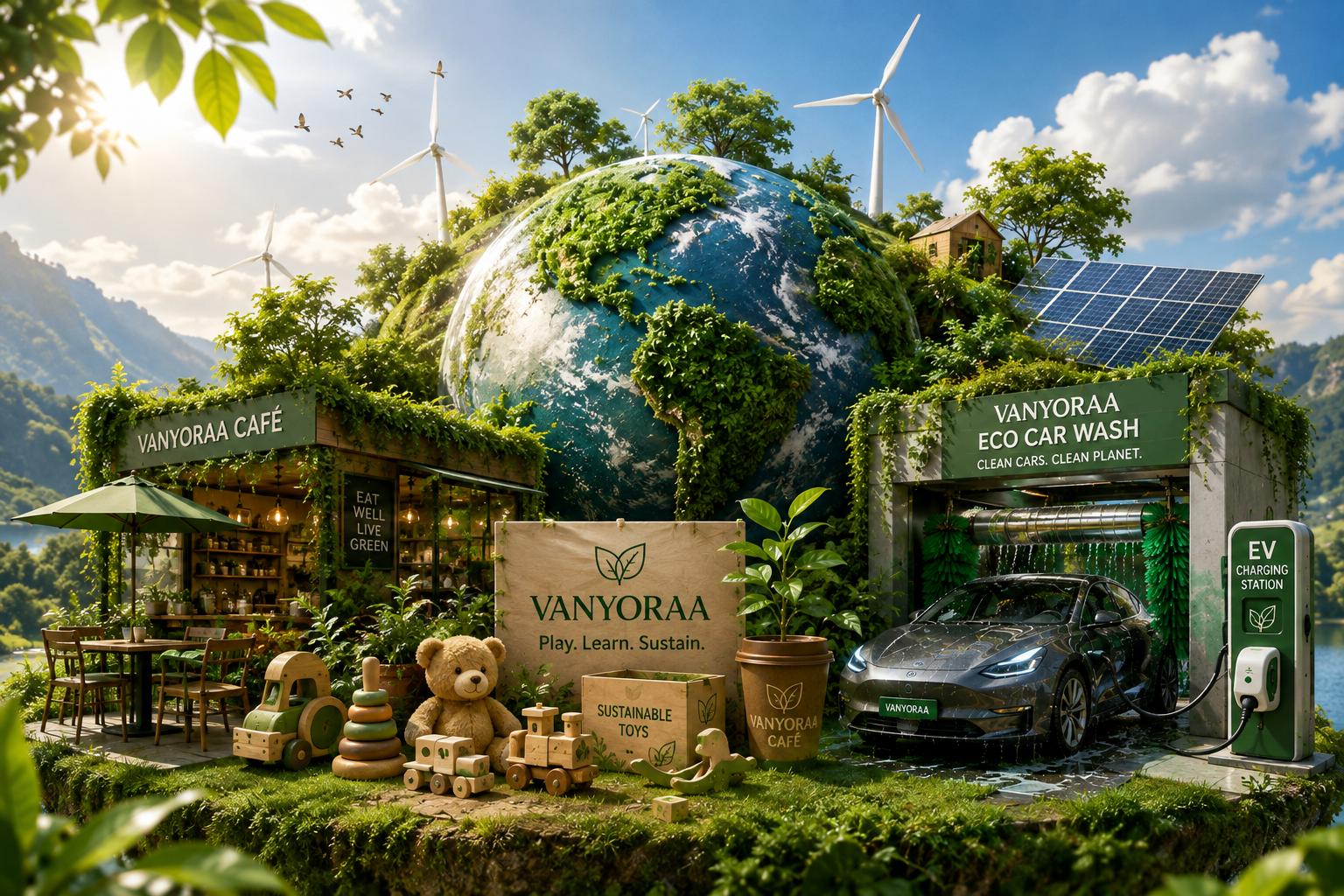 A sustainable eco-friendly scene with a globe covered in greenery, wind turbines, solar panels, a Tesla charging an electric vehicle at an EV station, and a café offering organic and green products, set against a mountainous landscape with trees and a blue sky.
