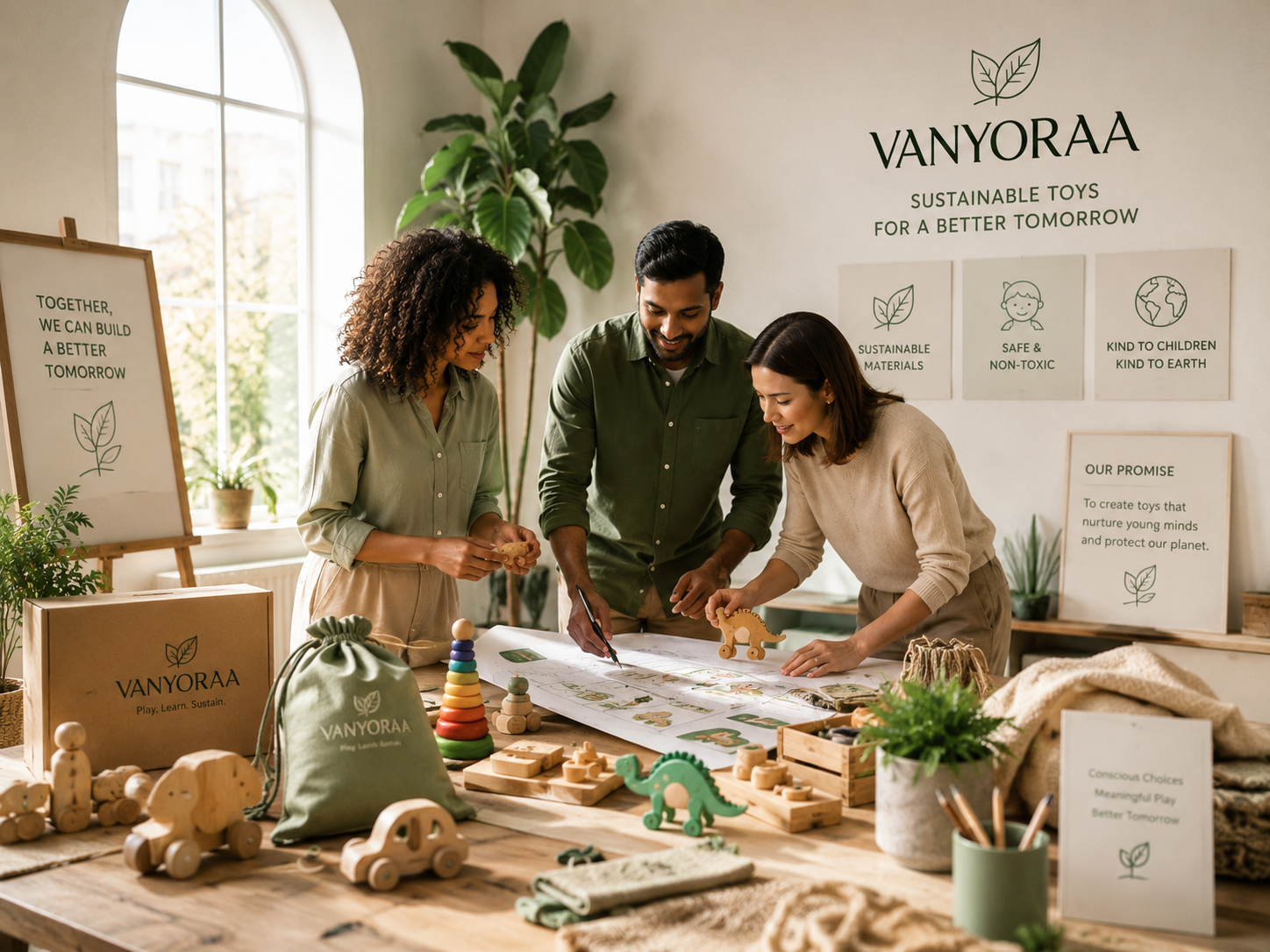 Three people working together at a table filled with wooden toy building blocks, a dinosaur toy, a rainbow stacking toy, and other craft materials inside a bright room with natural light and plants. There are signs on the wall and table promoting sustainable, non-toxic toys for a better tomorrow.