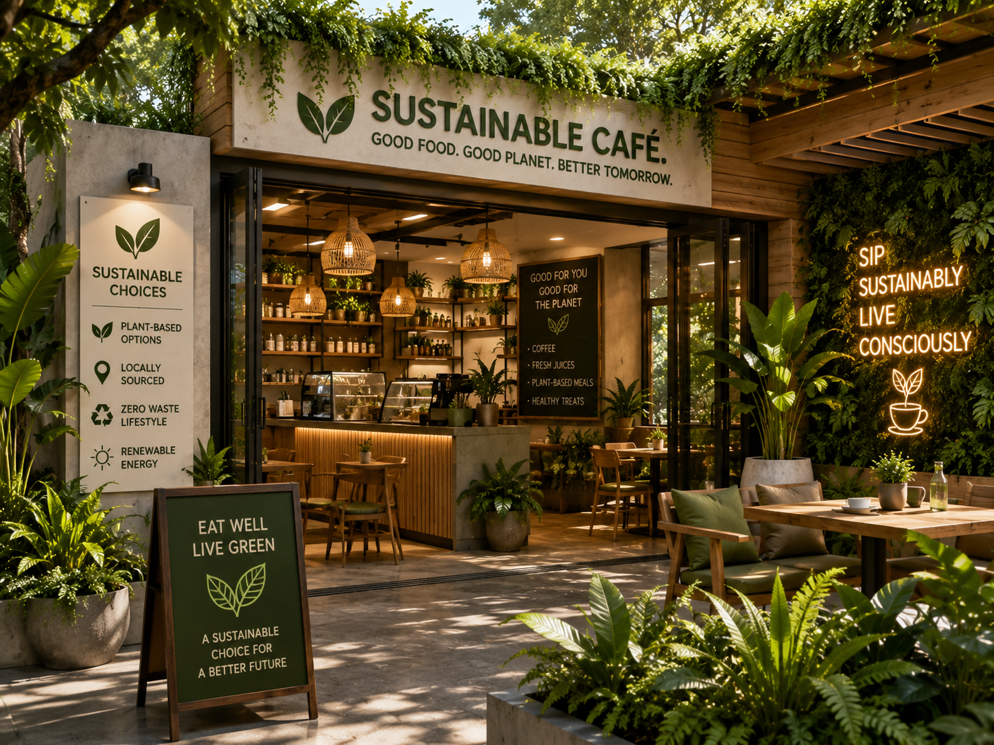 The entrance of a sustainable cafe with wooden and concrete decor, surrounded by green plants. Signs on the left promote plant-based options, locally sourced ingredients, zero waste lifestyle, and renewable energy. Inside, warm lighting and wooden furniture are visible, with a menu board promoting coffee, fresh juices, plant-based meals, and healthy treats. Neon sign on the right reads 'Sip Sustainably Live Consciously' with a leaf and cup icon.