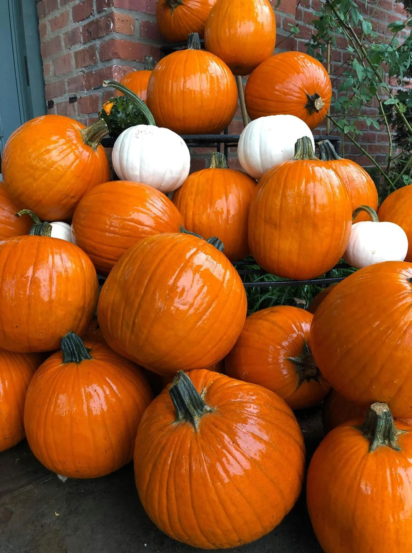 Stack of Pumpkins of varying sizes and colors on a porch