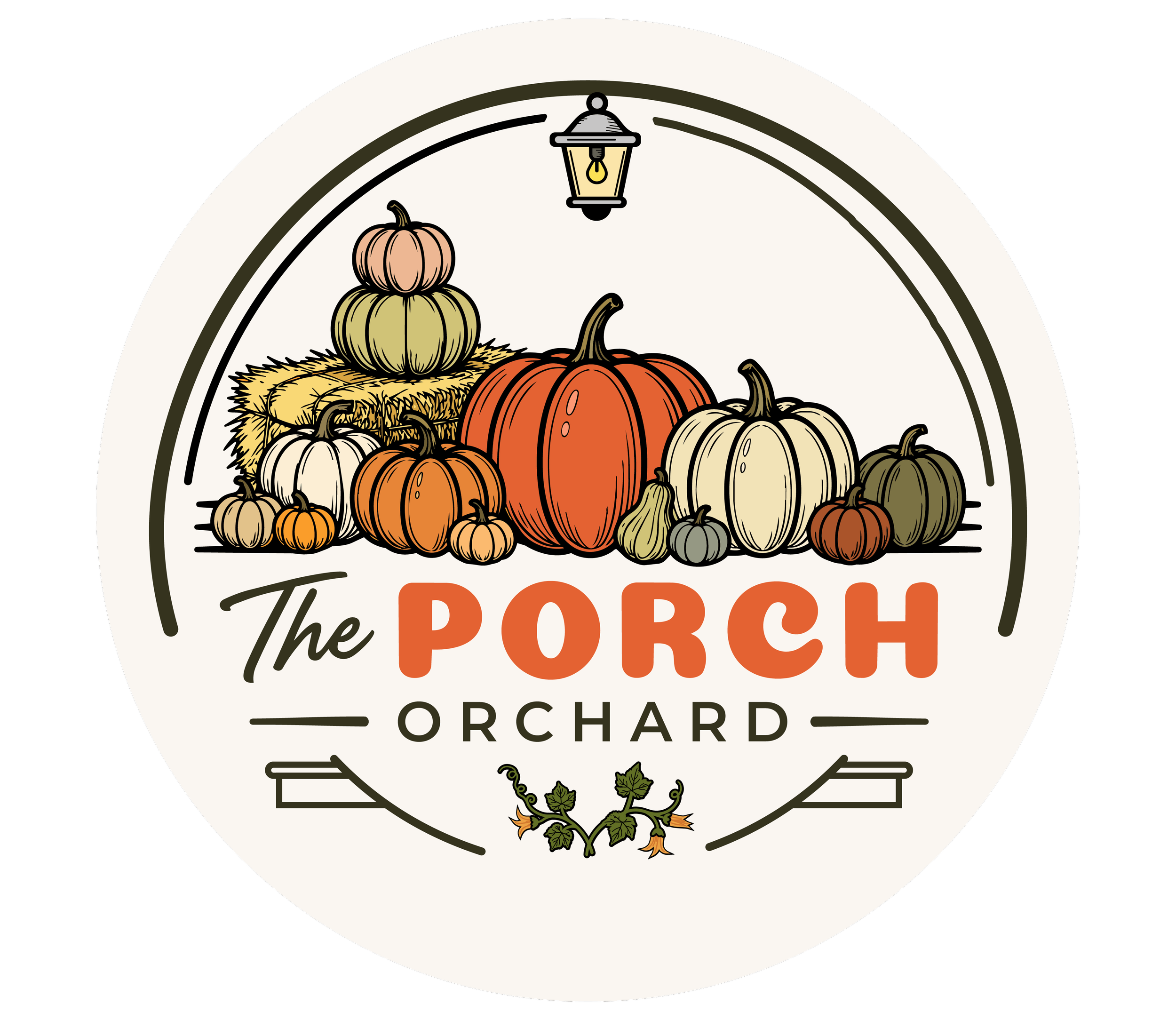 a grouping of pumpkins on a porch paired with the words The Porch orchard.