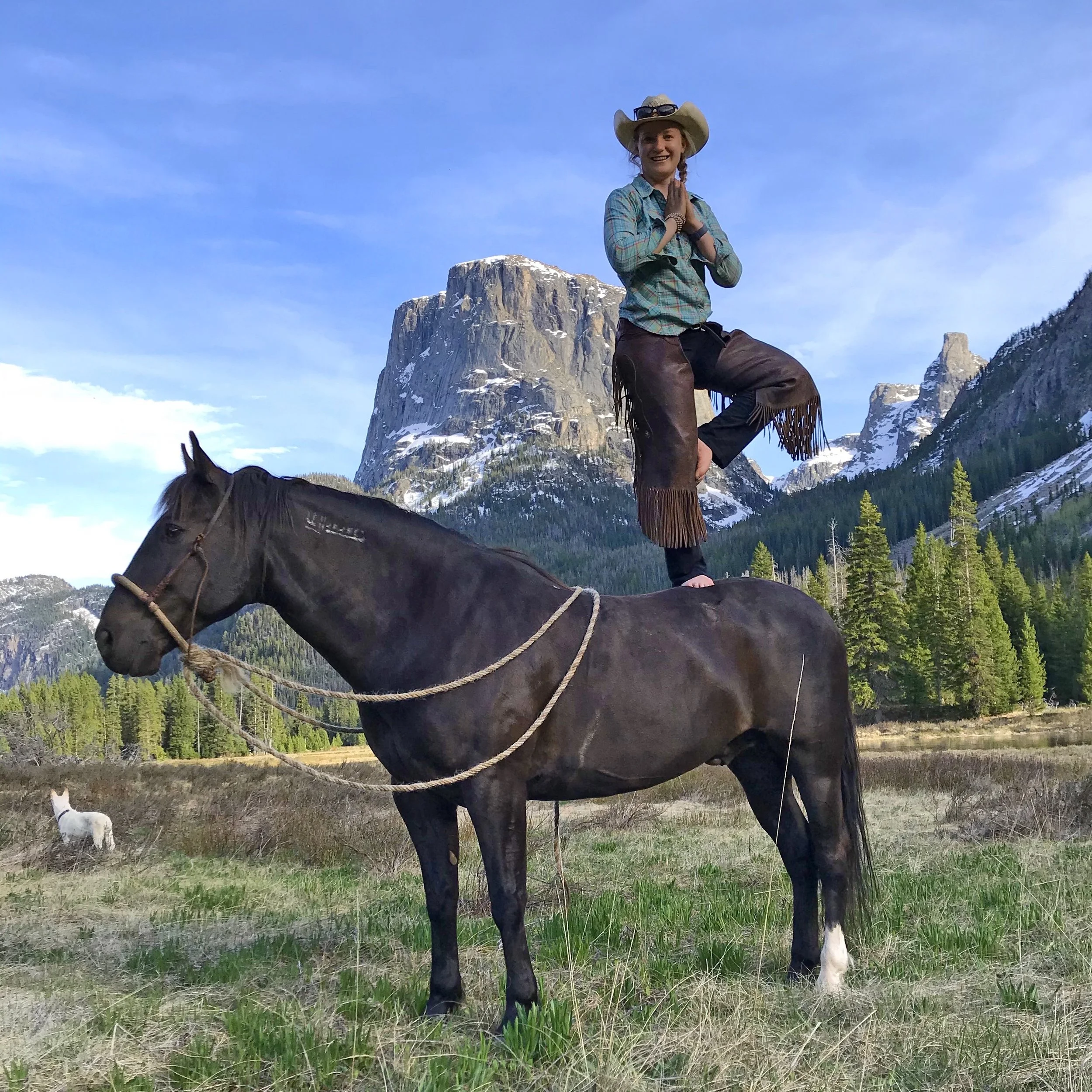 Lisanne Fear doing Yoga on her mustang Phin below squaretop mountain in the wind river range in Wyoming
