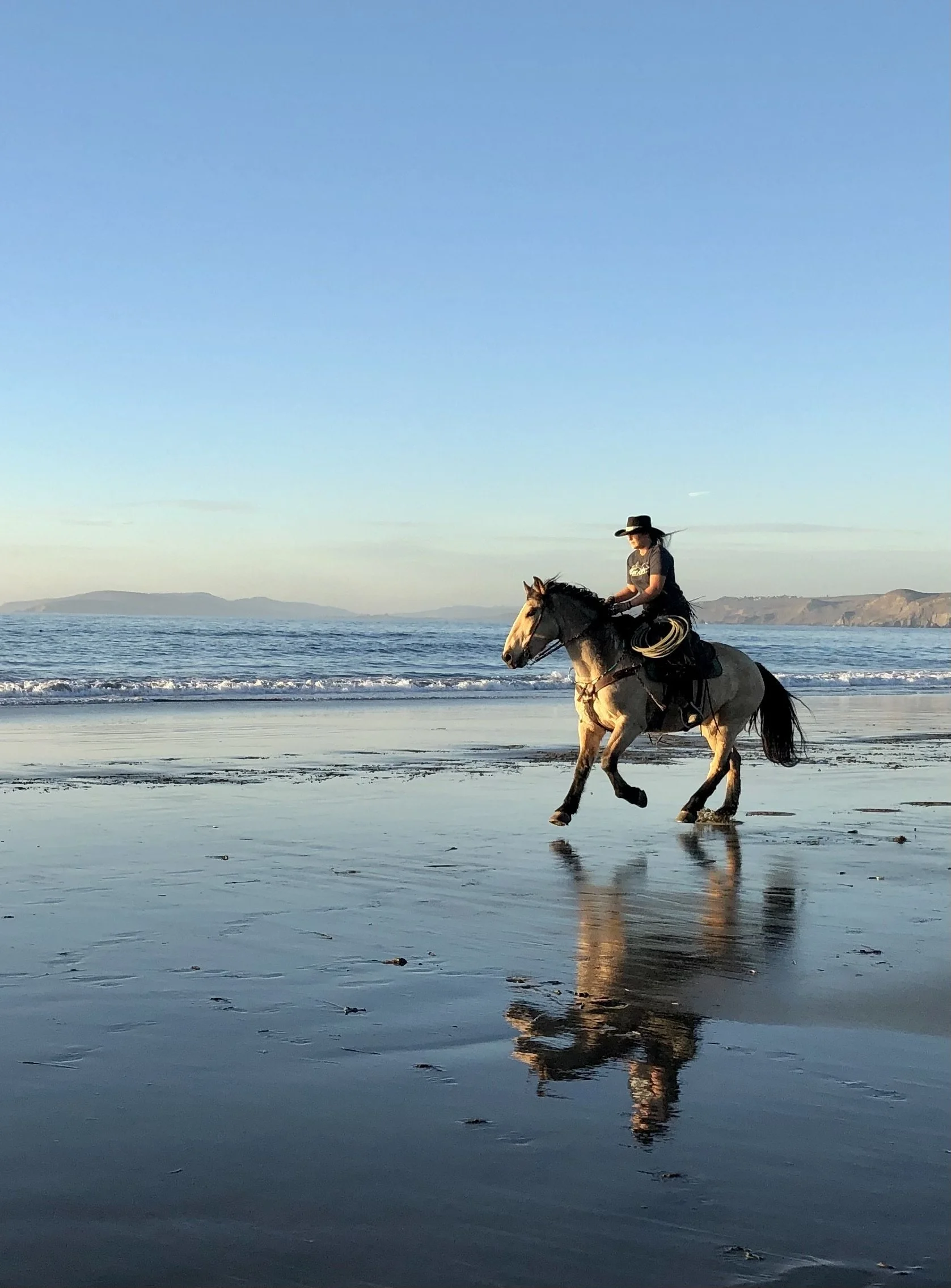 Riding on the beach in California on mustang Chileno