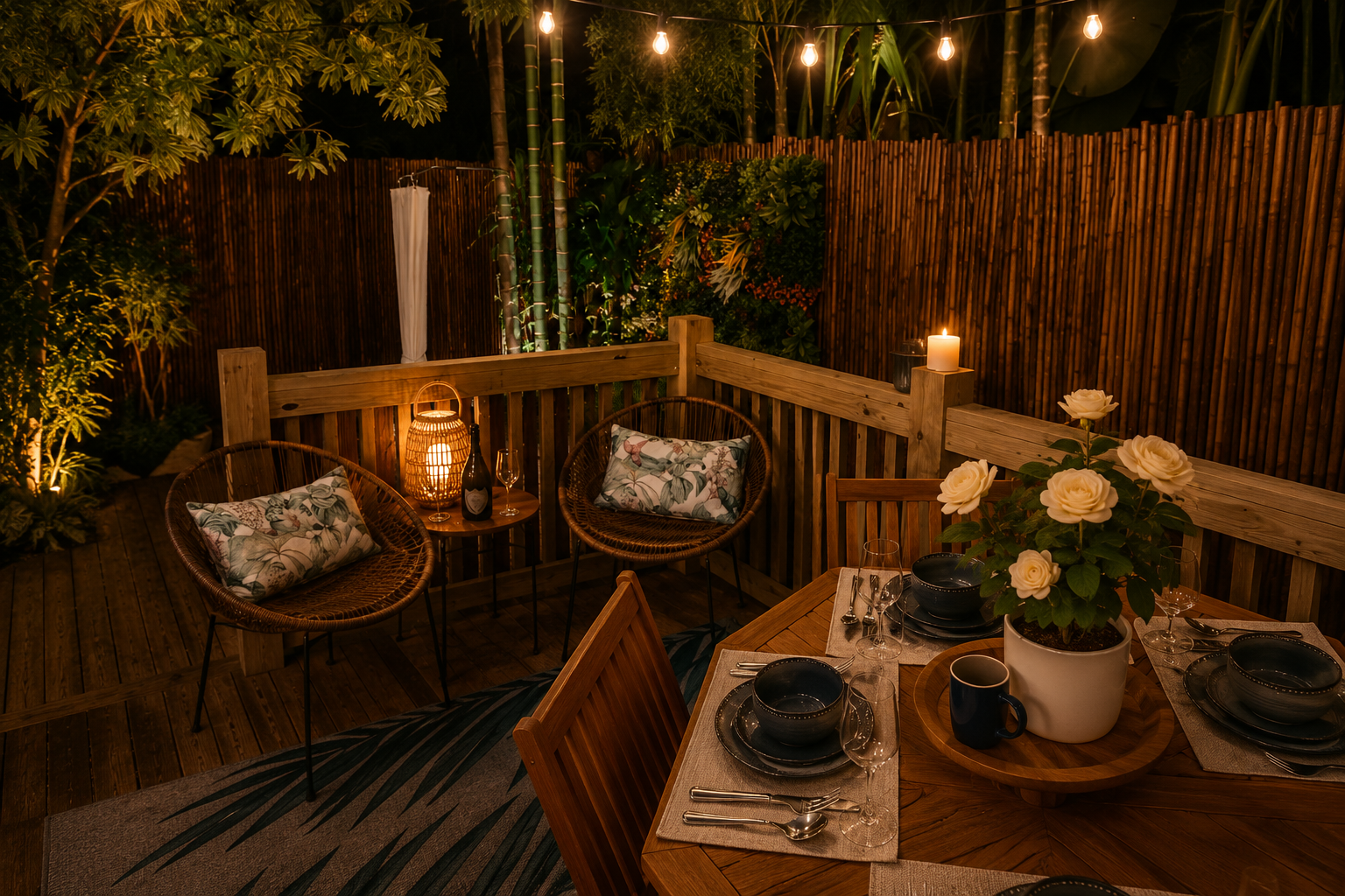 An outdoor dining area illuminated by string lights, candles, and a lantern, featuring a wooden table set with black bowls, plates, and silverware, a vase with white roses, and a cozy corner with rattan chairs and cushions.