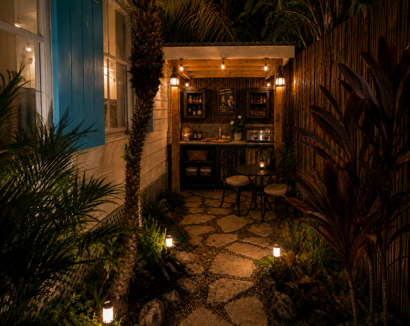 A cozy outdoor patio area illuminated by warm string and lantern lights, featuring a stone pathway surrounded by lush tropical plants, a small round table with chairs, and a kitchenette with shelves and under-counter appliances.