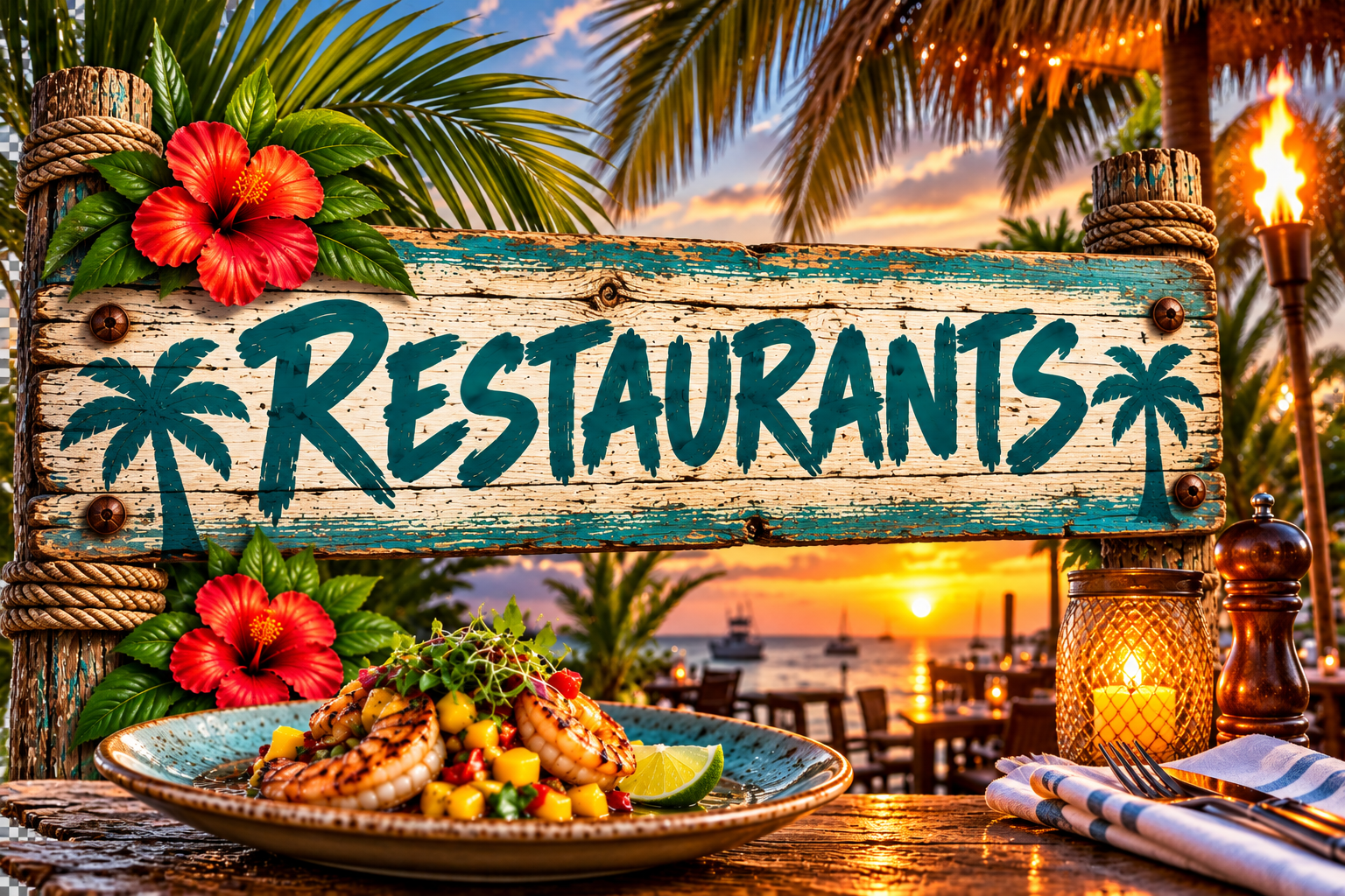 A rustic seaside restaurant sign with palm trees and sunset background, decorated with red hibiscus flowers, featuring a plate of grilled shrimp and mango salad, a lit candle, and tropical decor.