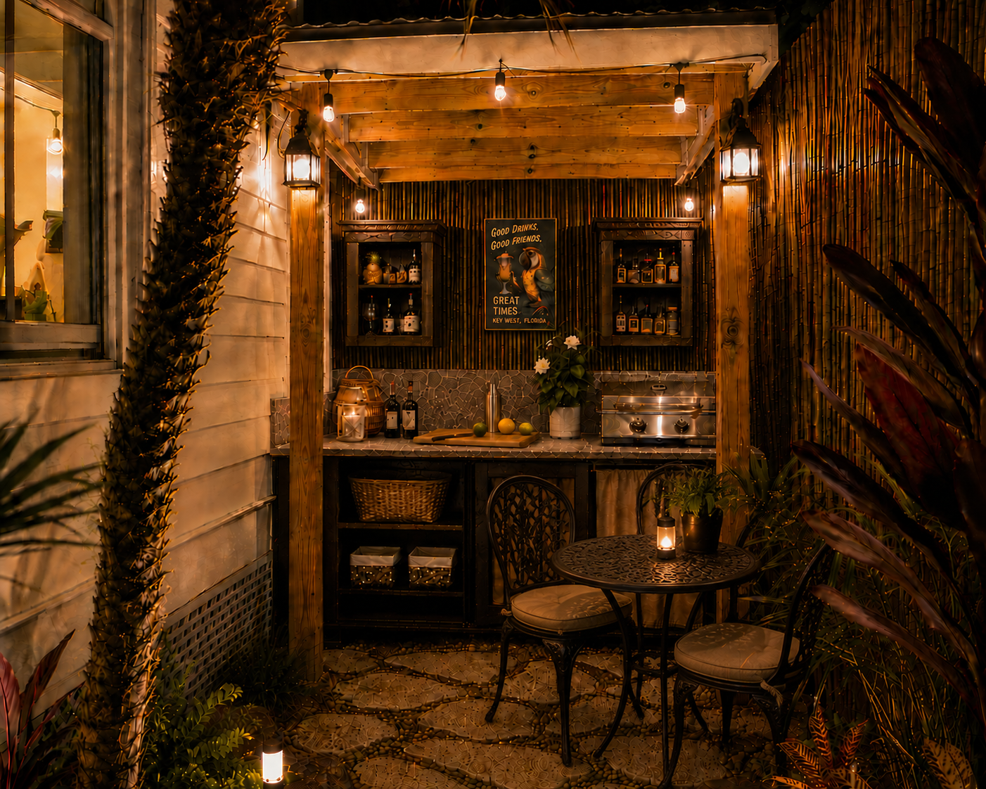 An outdoor patio area with a cozy bar setup illuminated by string lights and lanterns, featuring a small round table with two chairs, potted plants, and shelving with bottles and decorative items.