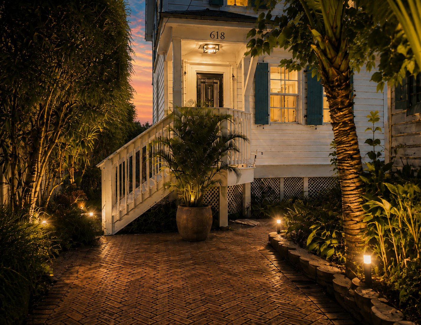 A cozy white house with teal shutters at dusk, illuminated by pathway lights, surrounded by palm trees and lush greenery.