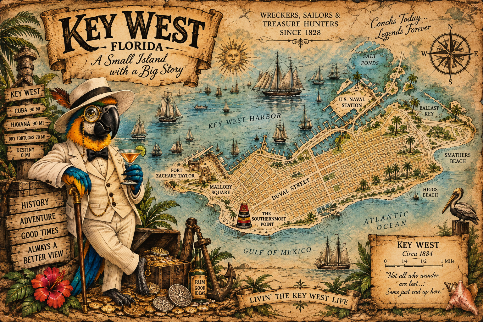 A colorful illustrated map of Key West, Florida, showing streets, landmarks, and bodies of water, with a parrot dressed as a detective holding a drink and surrounded by treasure chest, coins, and decorative elements.